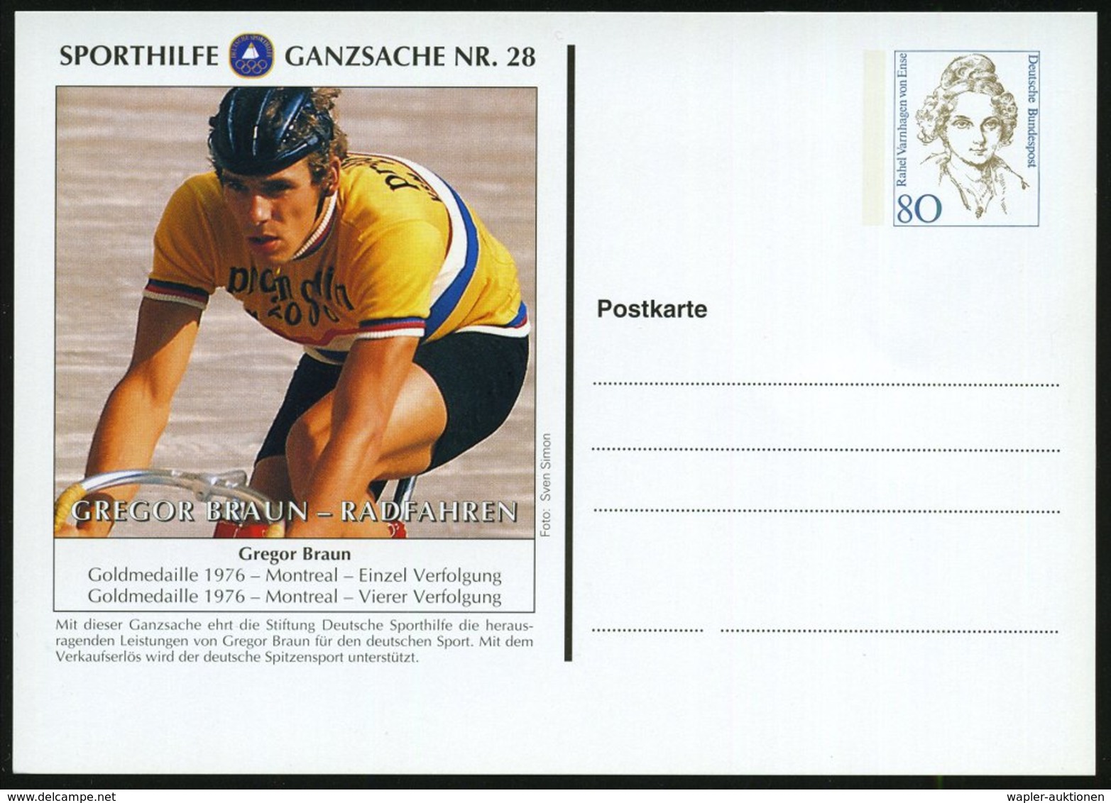 1994 B.R.D., PP 80 Pf. Varnhagen: SPORTHILFE GANZSACHE NR.28, GREGOR BRAUN, RADFAHREN (2x Gold 1976) Ungebr. (Mi.PP 170, - Altri & Non Classificati