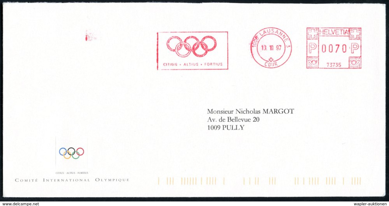 1997 SCHWEIZ, Absender-Freistempel: 1000 LAUSANNE 3, CITIUS - ALTIUS - FORTIUS (Olympia-Ringe) Color-Dienstbrief: COMITE - Other & Unclassified