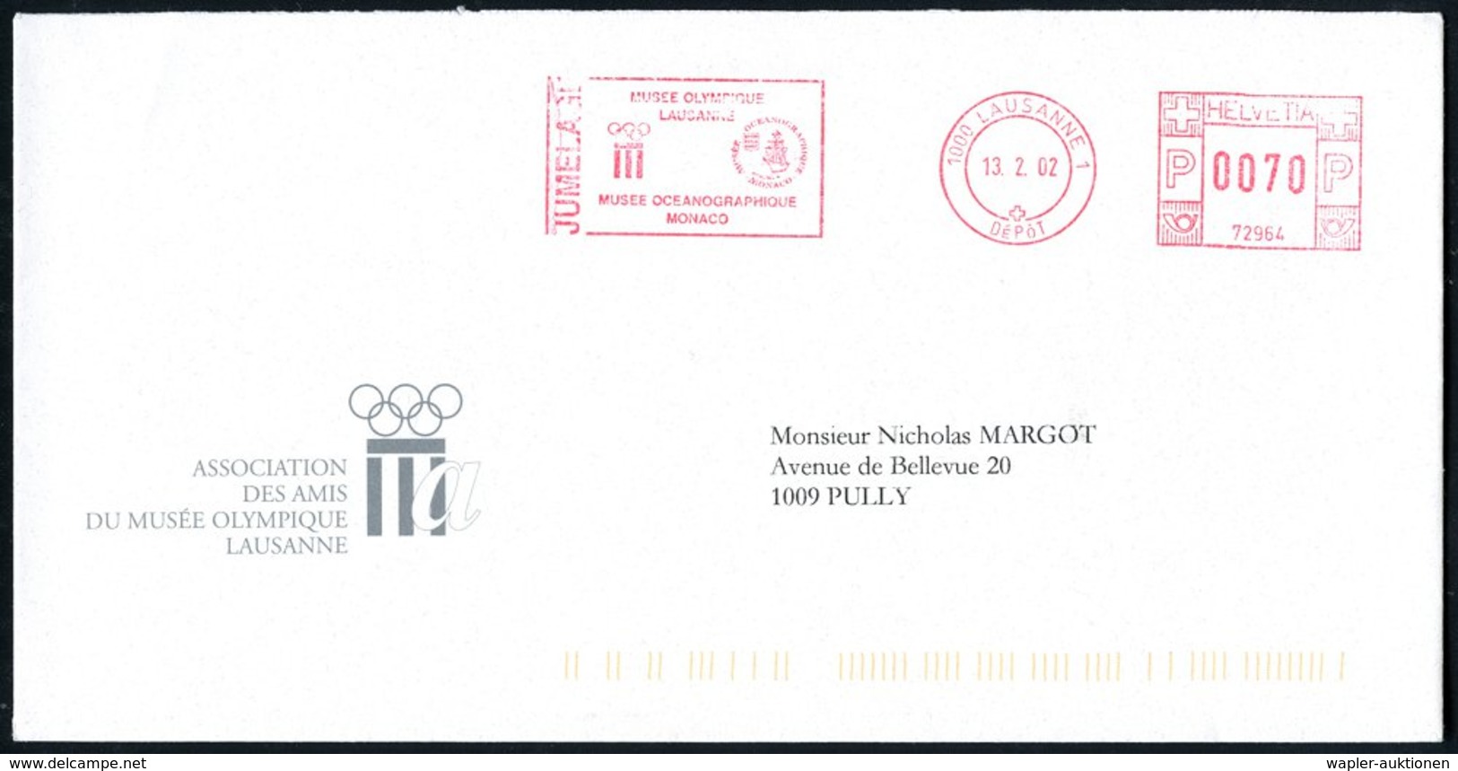 2002 SCHWEIZ, Absender-Freistempel: 1000 LAUSANNE 1, MUSEE OLYMPIQUE LAUSANNE JUMELAGE MUSEE OCEANOGRAPHIE MONACO ( Olym - Other & Unclassified