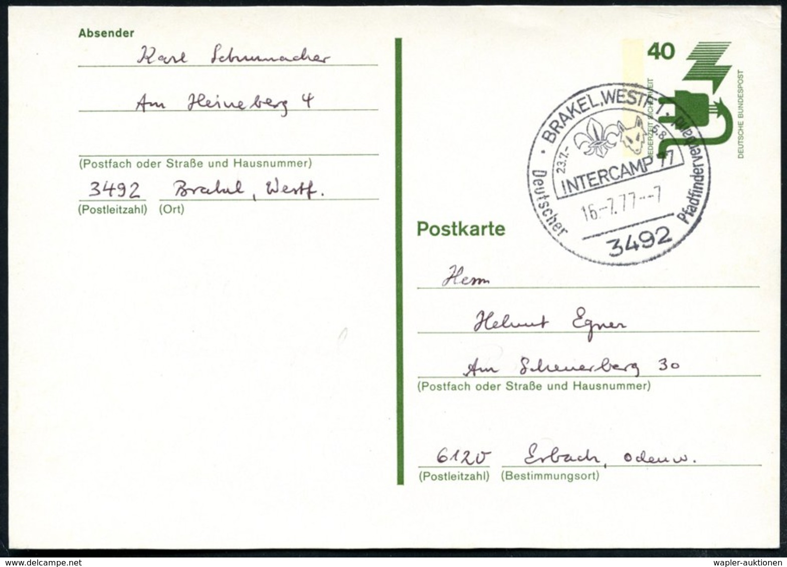 1977 (16.7.) 3492 BRAKEL, WESTF 1, Sonderstempel: INTERCAMP 77, Deutscher Pfadfinderverband (Lilie, Fuchskopf) Inl.-Kart - Other & Unclassified