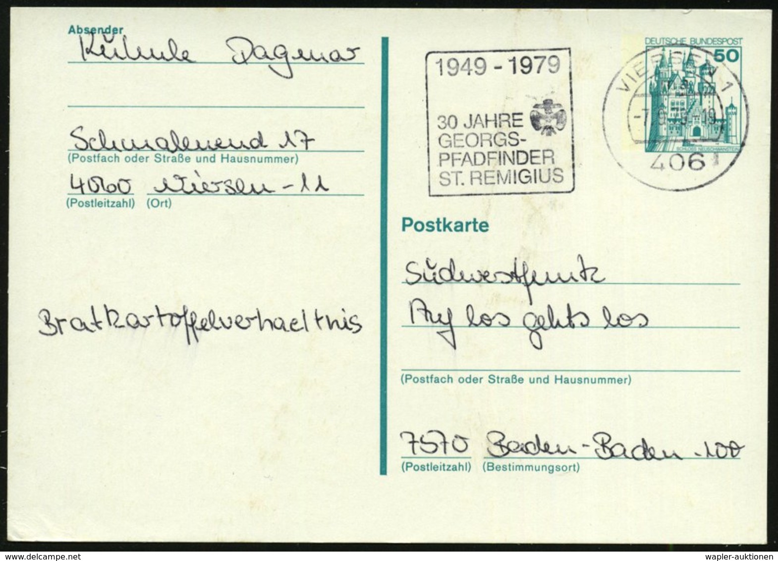 1979 (4.9.) 406 VIERSEN 1, Maschinen-Werbestempel: 1949 - 1979, 30 JAHRE GEORGS-PFADFINDER ST. REMIGIUS (Logo) Bedarfska - Other & Unclassified