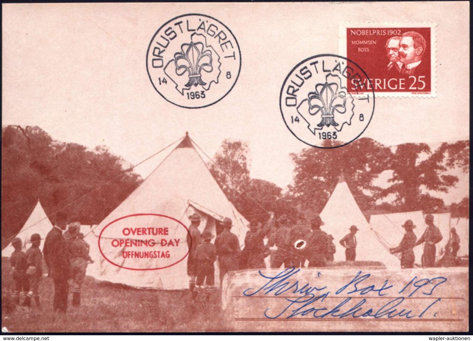 1963 (14.8.) SCHWEDEN, Sonderstempel: ORUSTLÄGRET-TENNINGE (Lilie) + Roter Nebenstempel: OPENING DAY , Inl.-Sonderkarte  - Other & Unclassified