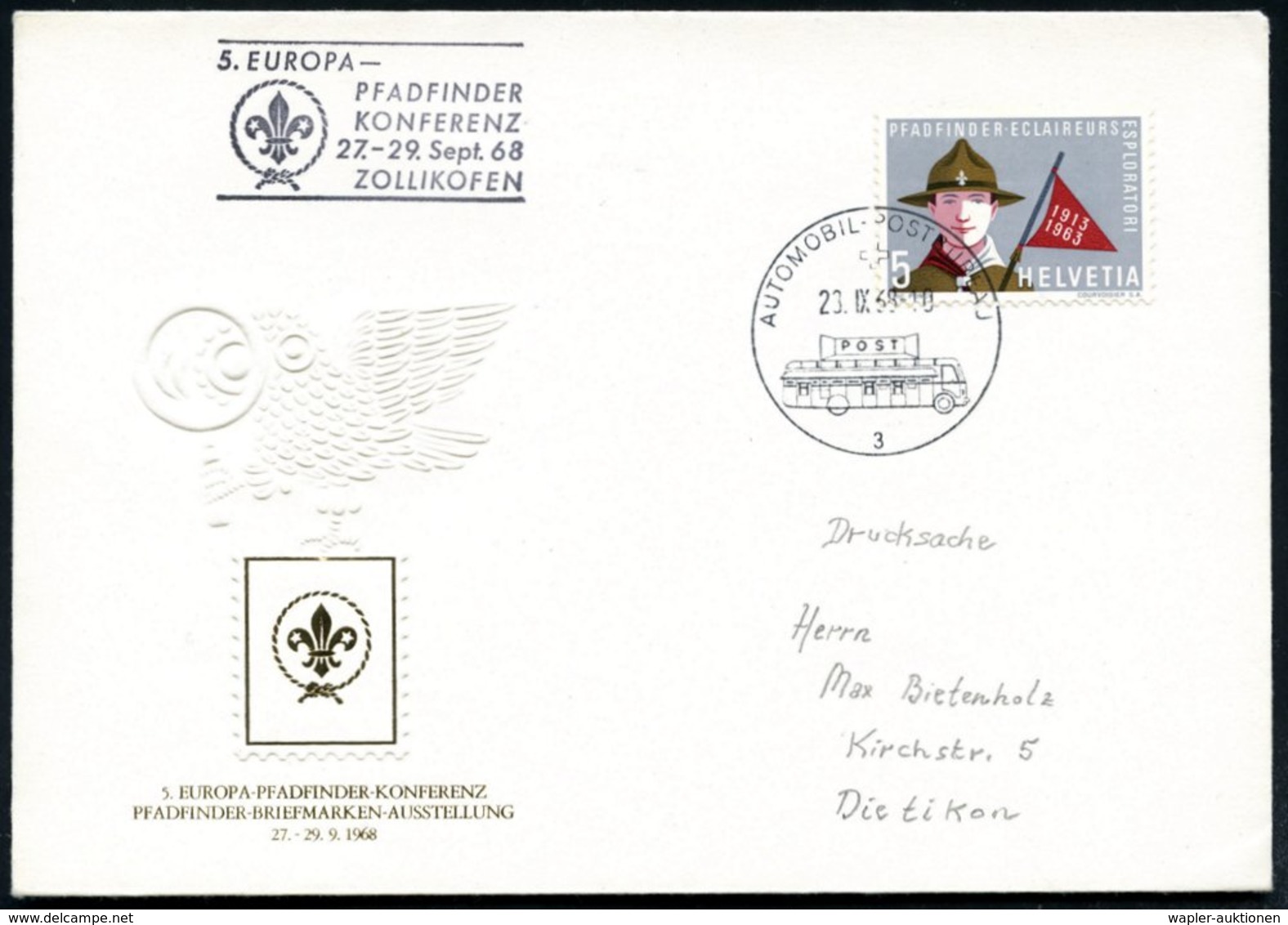 1968 (28.IX.) SCHWEIZ, Amtl. Hand-Nebenstempel: ZOLLIKOFEN, 5. EUROPA-PFADFINDER-KONFERENZ (Lilie) + 1K: AUTOMOBIL-POSTB - Other & Unclassified