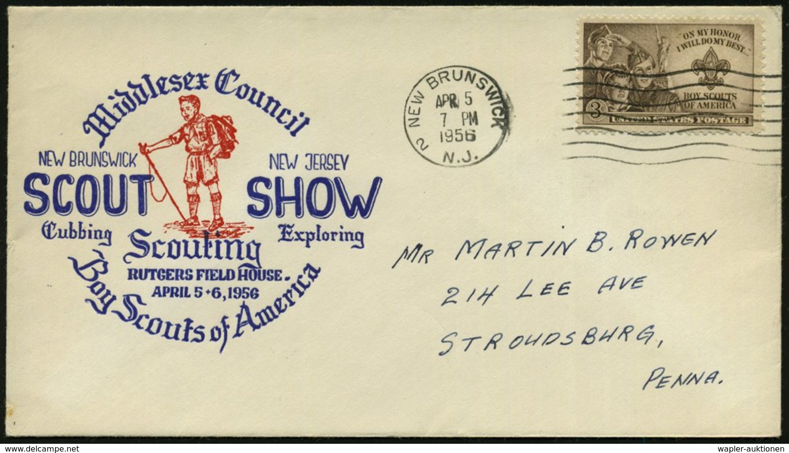 1956 (5.4.) U.S.A., 3 C. "Boy Scouts Of America", EF + Maschinenstempel: NEW BRUNSWICK AUF Sonderumschlag SCOUT SHOW.. + - Autres & Non Classés