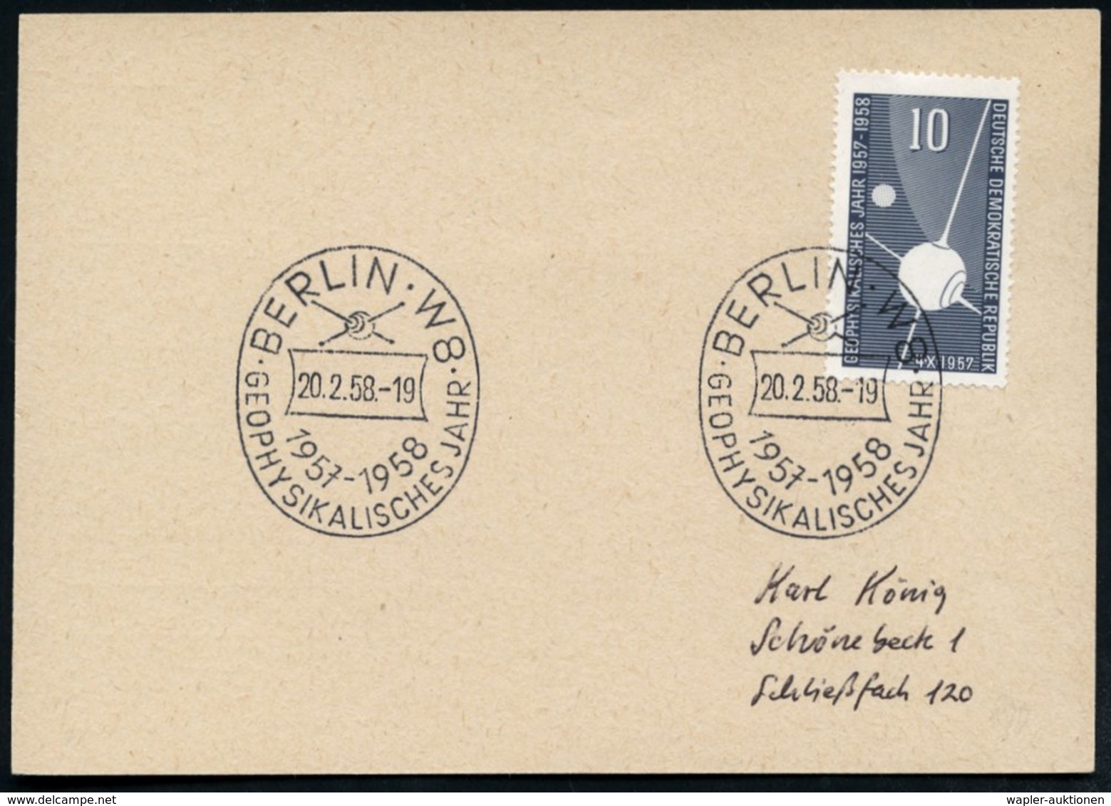 1958 (20.2.) BERLIN W 8, Ovaler Sonderstempel: BERLIN W 8, GEOPHYSIKALISCHES JAHR 1957-58 (Satellit Sputnik I) Auf Motiv - Other & Unclassified