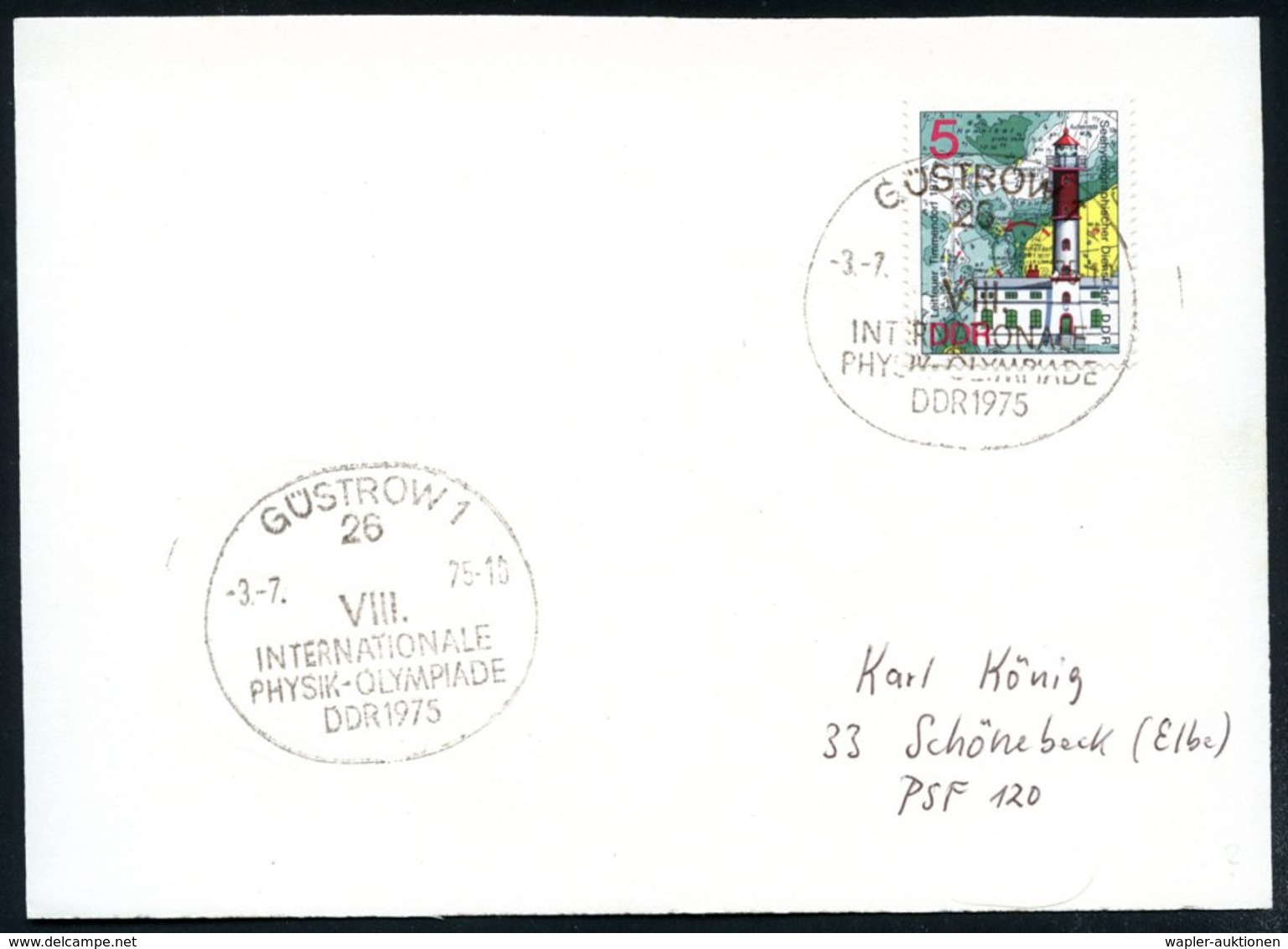 1975 (3.7.) 26 GÜSTROW 1, Sonderstempel: VIII. INTERNAT. PHYSIK-OLYMPIADE DDR 1975, Inl.-Karte (Mi.2045 EF) - Physik & P - Andere & Zonder Classificatie