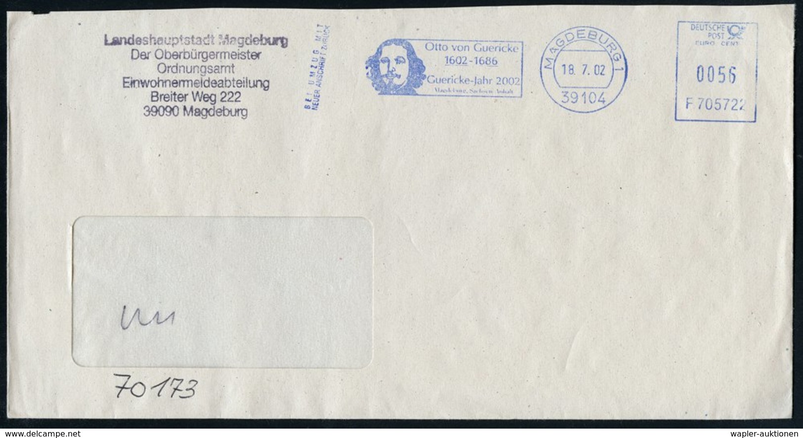 2002 (18.7.) 39104 MAGDEBURG 1, Blauer Absender-Freistempel: Otto Von Guericke, 1602 - 1686, Guericke-Jahr 2002 (Kopfbil - Altri & Non Classificati