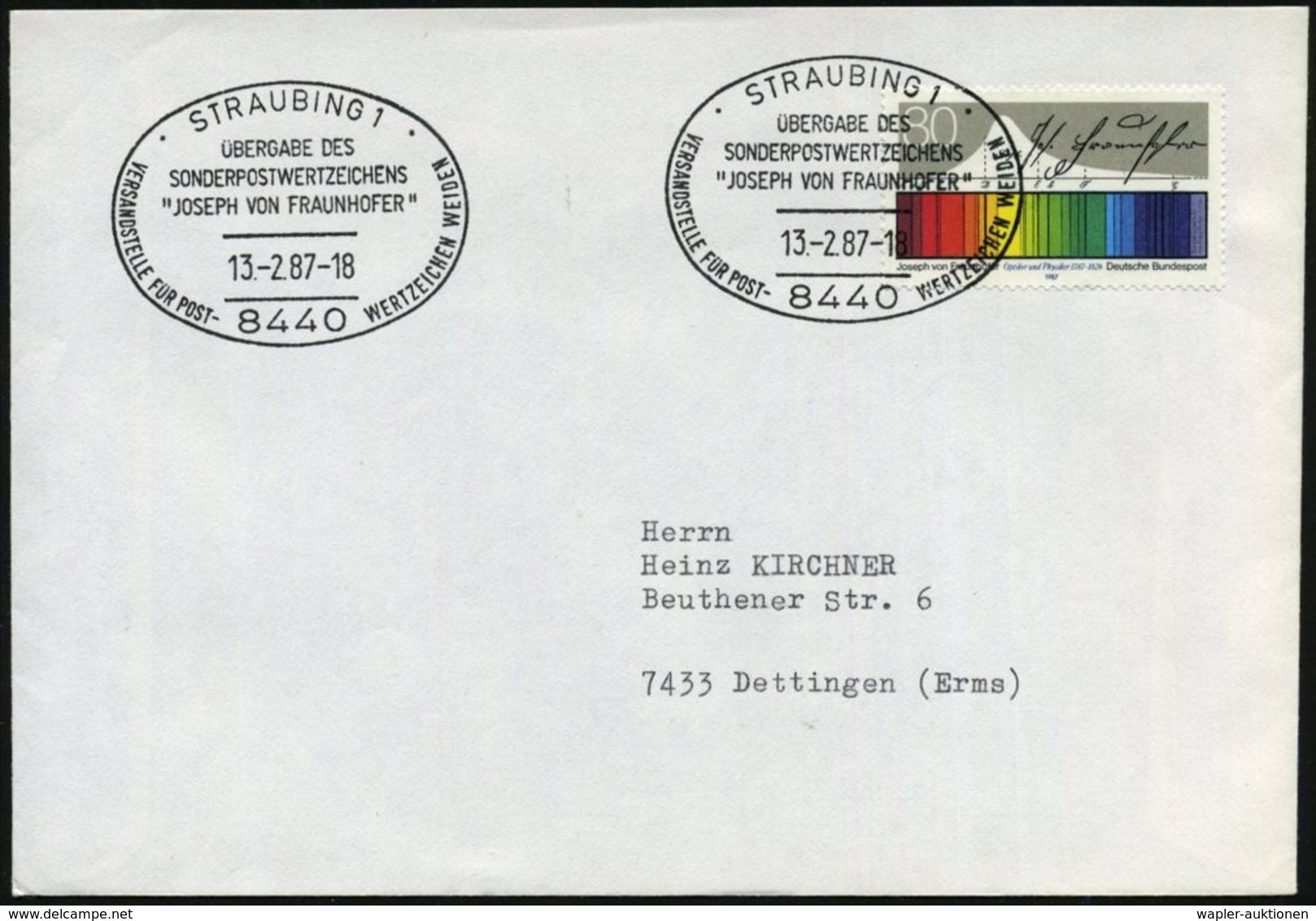 1987 (13.2.) 8440 STRAUBING 1, Sonderstempel: .. JOSEPH VON FRAUNHOFER Auf Passender EF 80 Pf. Fraunhofers Sonnenspektru - Other & Unclassified