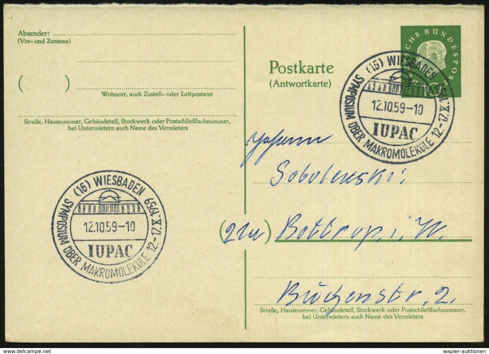 1959 (12.10.) (16) WIESBADEN, Sonderstempel: IUPAC, SYMPOSIUM ÜBER MAKROMOLEKÜLE (Kurhaus) Antwort-Ganzsache 10 Pf. Heus - Sonstige & Ohne Zuordnung