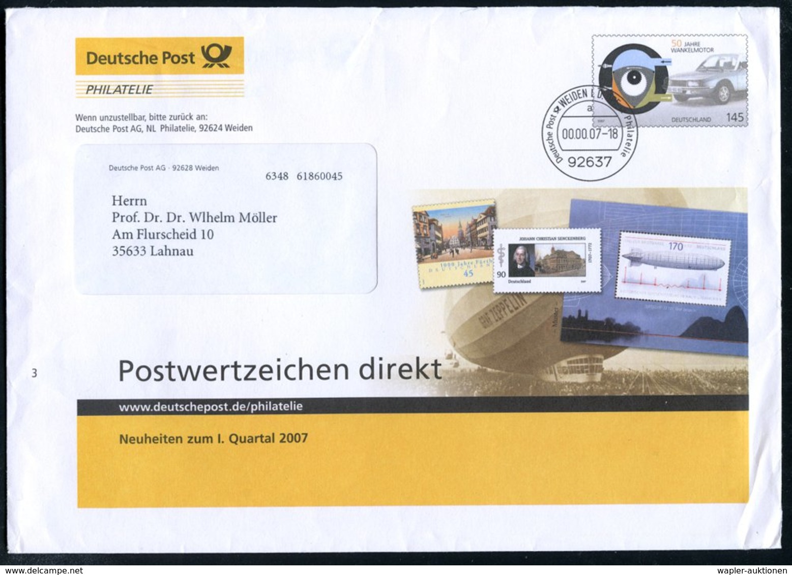 2007 92637 WEIDEN OPF., 145 C. Dienst-Ganzsachenumschlag "Deutsche Post PHILATELIE": 50 Jahre Wankelmotor (von Felix Wan - Other & Unclassified