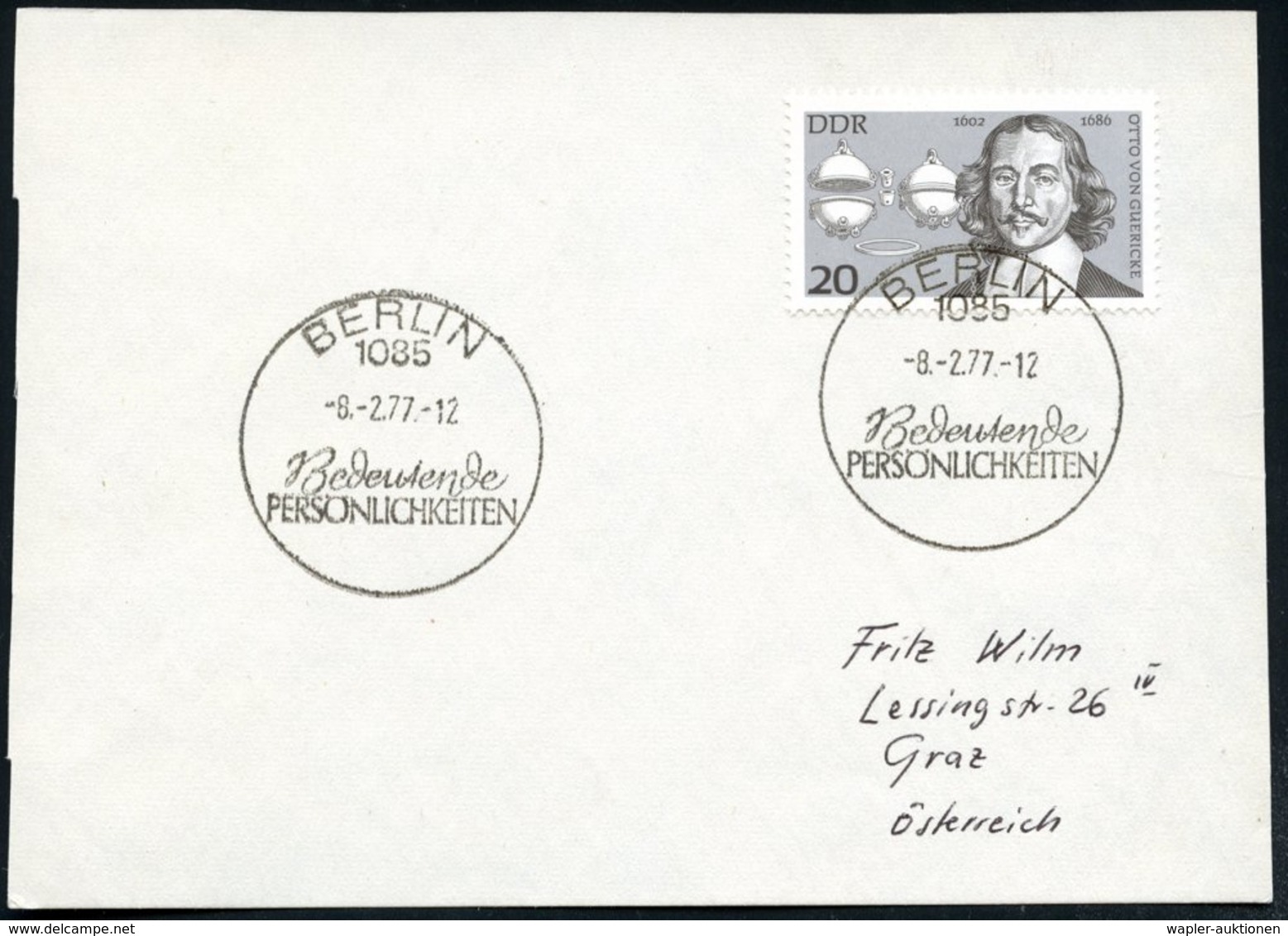 1977 (8.2.) D.D.R., 20 Pf. Otto Von Guericke, EF (= Erfinder Der Luftpumpe) + Passender ET-Sonderstempel: 1085 BERLIN, A - Other & Unclassified