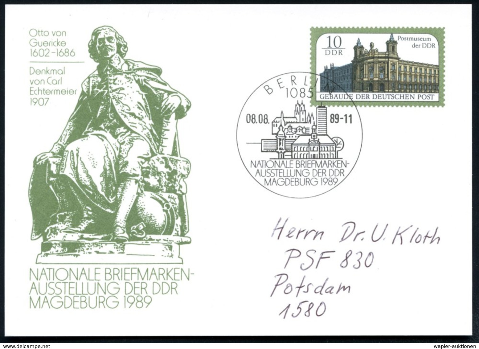1989 (8.8.) D.D.R., 10 Pf. Sonder-Ganzsache Postmuseum: Otto V. Guericke (1602 - 1686) Nat. Briefm.-Ausstellung Der DDR  - Sonstige & Ohne Zuordnung