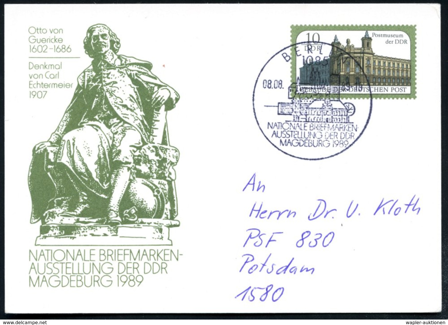 1989 (8.8.) D.D.R., 10 Pf. Sonder-Ganzsache Postmuseum: Otto V. Guericke (1602 - 1686) Nat. Briefm.-Ausstellung Der DDR  - Sonstige & Ohne Zuordnung