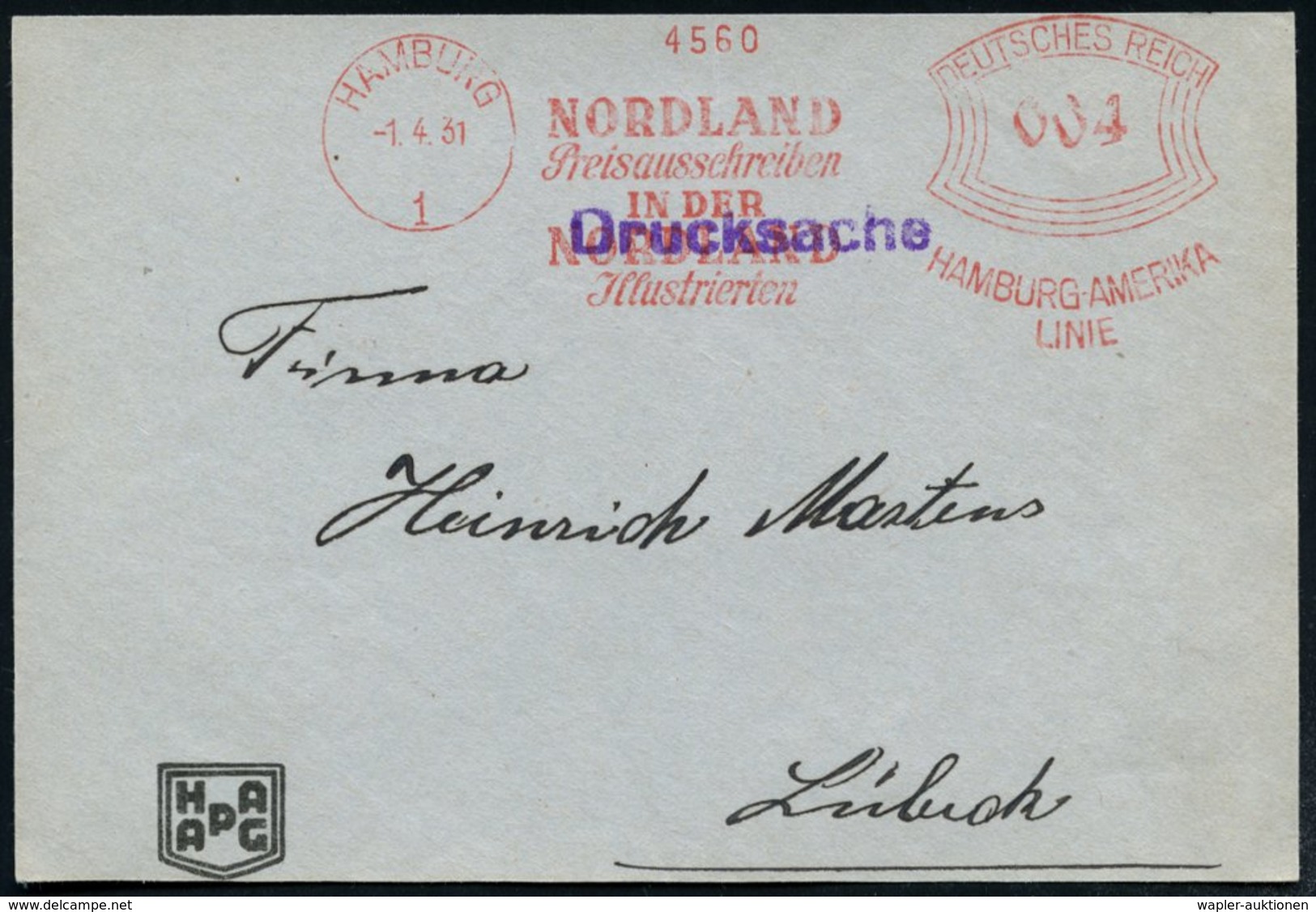 1931 (1.4.) HAMBURG 1, Absender-Freistempel: NORDLAND Preisausschreiben IN DER NORDLAND Jllustrierten, HAMBURG-AMERIKA L - Other & Unclassified