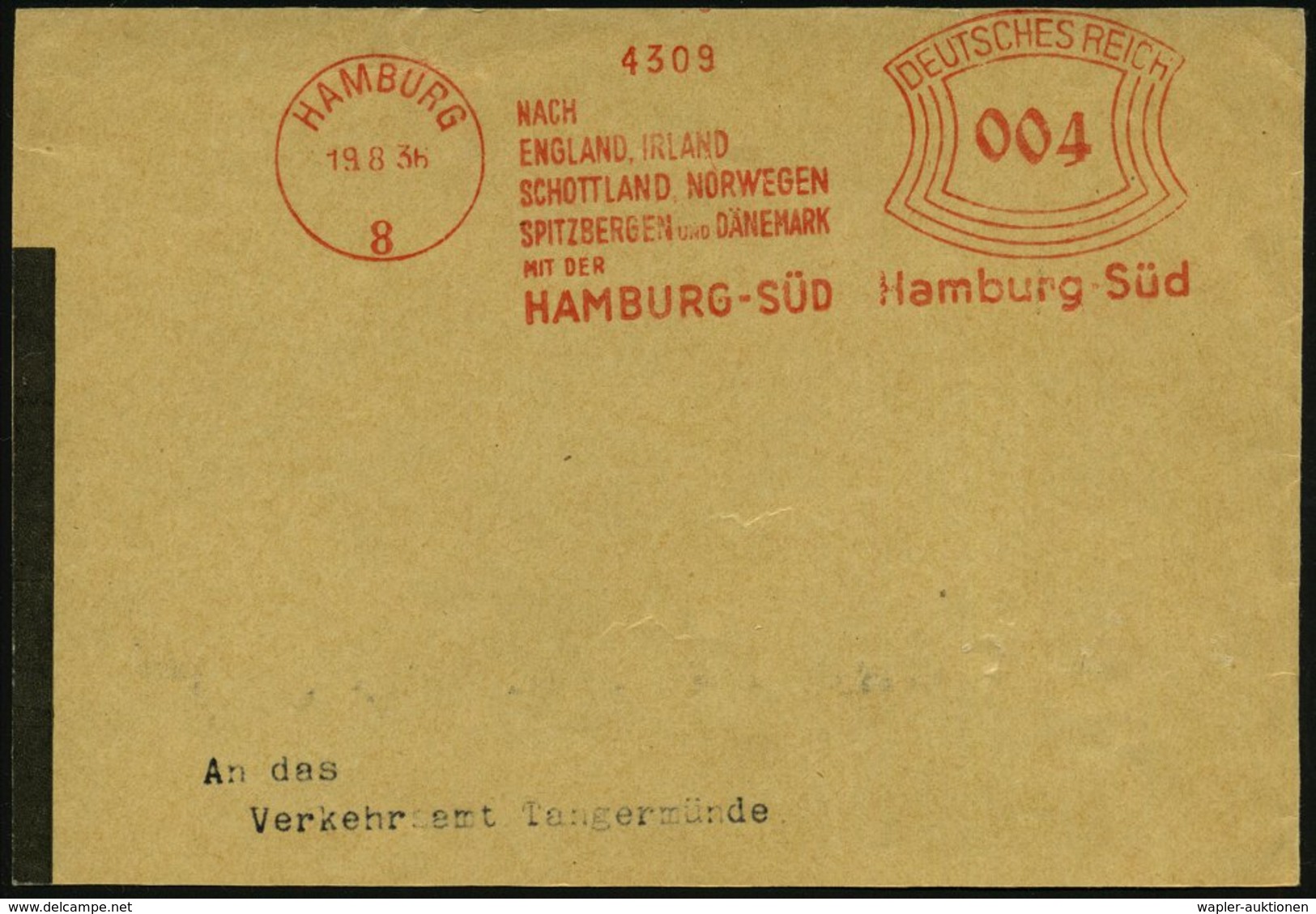 1936 (19.8.) HAMBURG 8, Absender-Freistempel: NACH ENGLAND, IRLAND.. NORWEGEN, SPITZBERGEN.. MIT DER HAMBURG-SÜD, Teil-V - Other & Unclassified