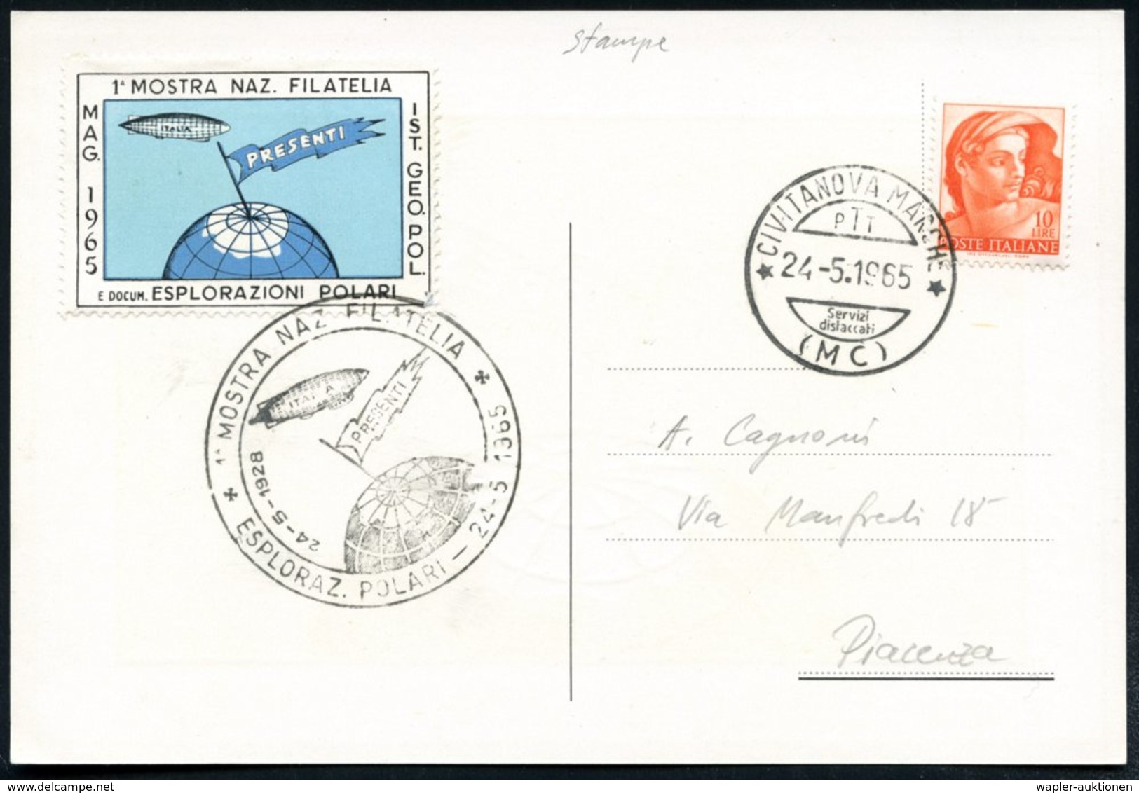 1965 (24.5.) ITALIEN, Nebenstempel + Vignette: 1. MOSTRA NAZ. FILATELIA.. ESPLORAZIONI POLARI = Polar-Luftschiff "Italia - Other & Unclassified