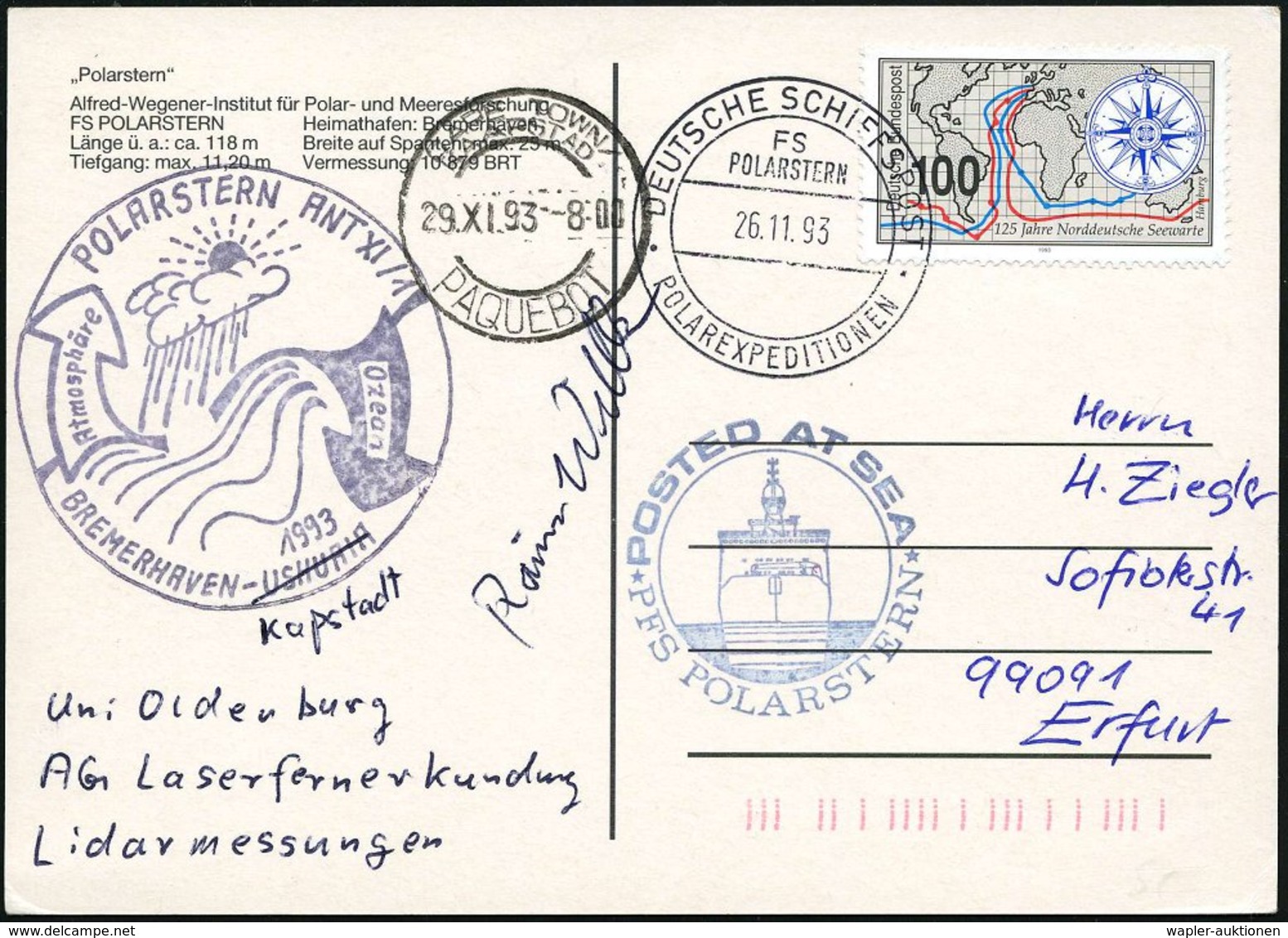 1993 (26.11.) B.R.D., 2K-Bordpostamt: DEUTSCHE SCHIFFSPOST, FS POLARSTERN, POLAREXPEDITIONEN + 2 Verschiedene Nebenstemp - Other & Unclassified