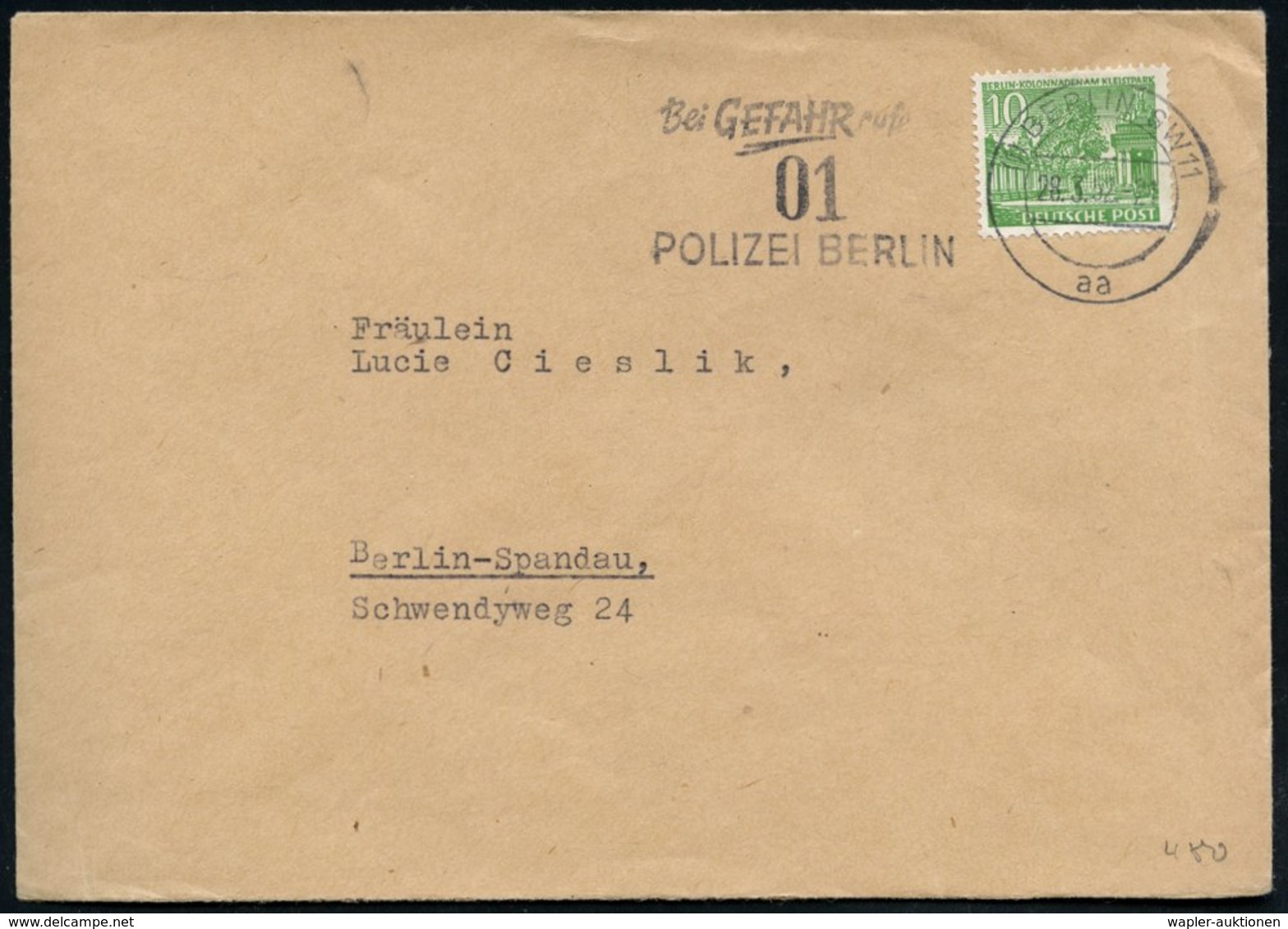 1952 (1) BERLIN SW 11, Maschinen-Werbestempel: Bei GEFAHR Rufe: 01 POLIZEI BERLIN, Ortsbrief (Bo.480 A) - Polizei / Poli - Other & Unclassified