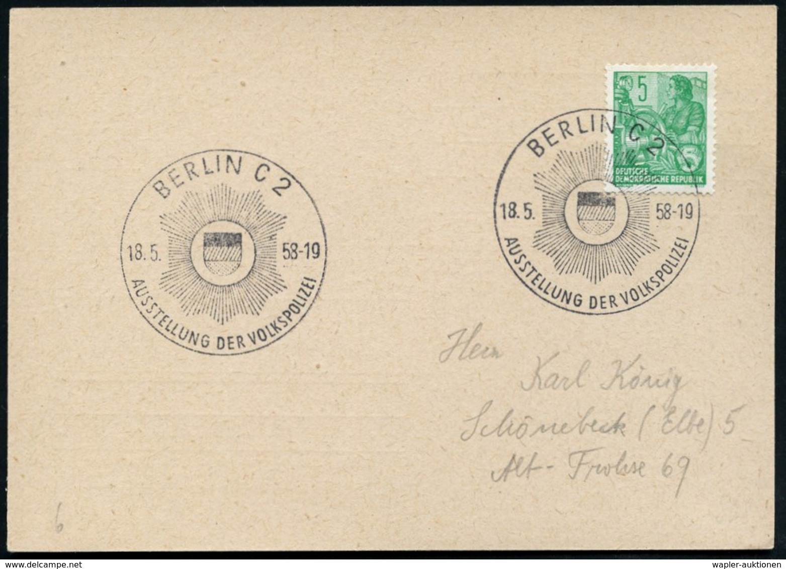 1958 (18.5.) BERLIN C 2, Sonderstempel: AUSSTELLUNG DER VOLKSPOLIZEI (Polizeistern) Inl.-Karte, Los 4291 Bis 4396 Ist Di - Other & Unclassified