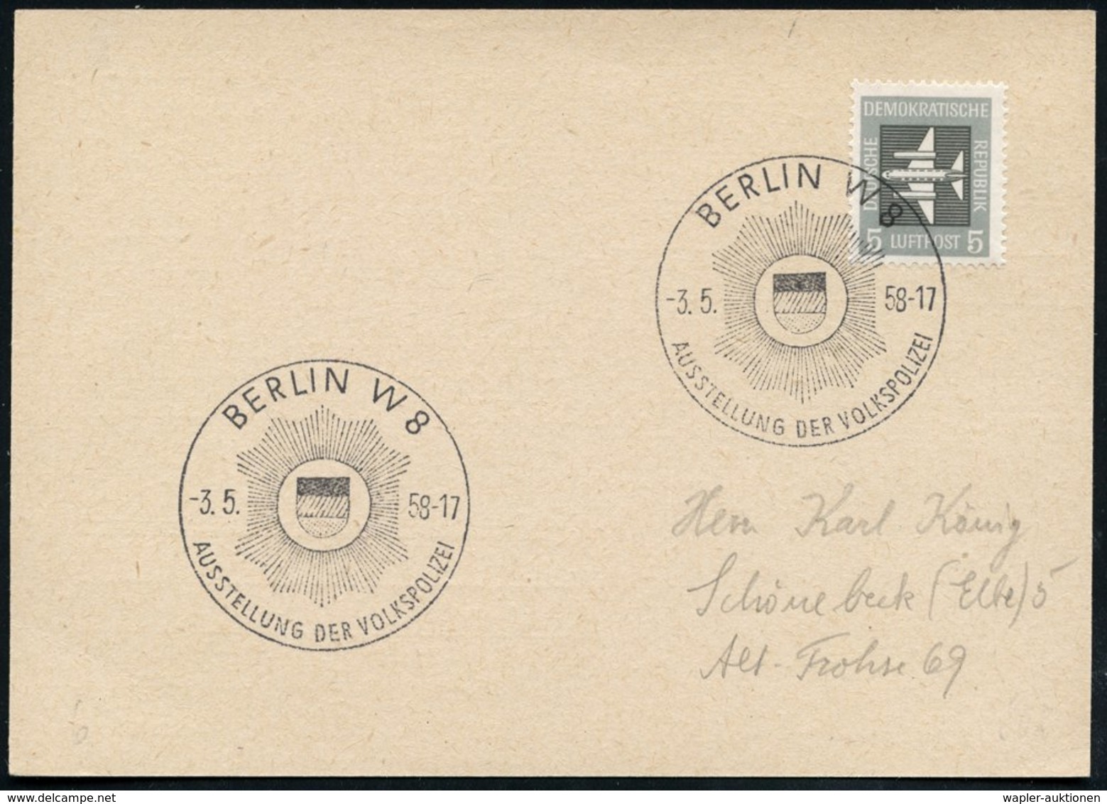 1958 (3.5.) BERLIN W 8, Sonderstempel: AUSSTELLUNG DER VOLKSPOLIZEI (Polizeistern) Inl.-Karte, (Bo.808 II = W 8) - Poliz - Other & Unclassified