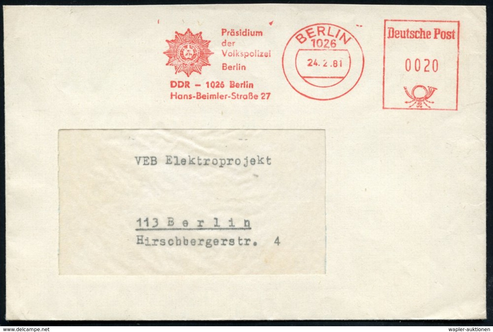 1981 (24.2.) 1026 BERLIN, Absender-Freistempel: Präsidium Der Volkspolizei Berlin, DDR.. (DDR-Polizeistern) Ortsbrief -  - Other & Unclassified