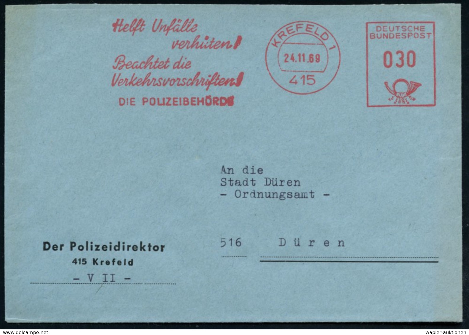 1968 (24.11.) 415 KREFELD 1, Absender-Freistempel: Helft Unfälle Verhüten!, Beachtet Die Verkehrsvorschriften!, DIE POLI - Other & Unclassified