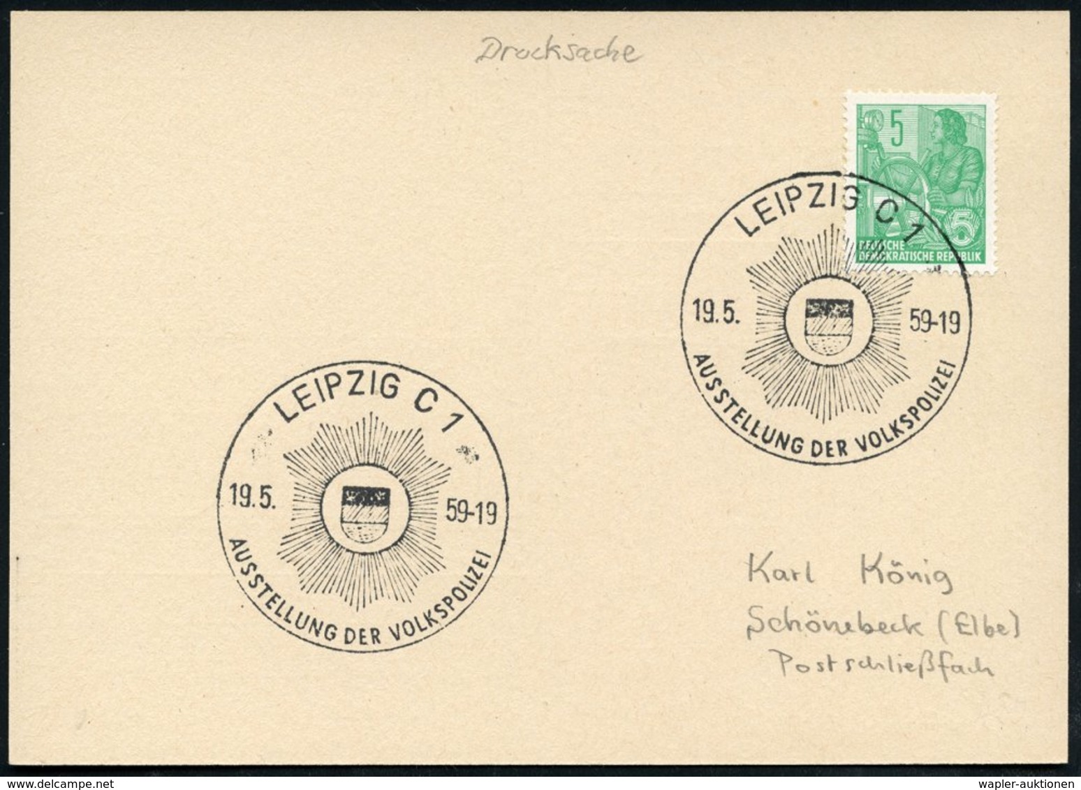 1959 (19.5.) LEIPZIG C 1, Sonderstempel: AUSSTELLUNG DER VOLKSPOLIZEI  (Polizeistern) Inl.-Karte (Bo.430) - Polizei / Po - Other & Unclassified