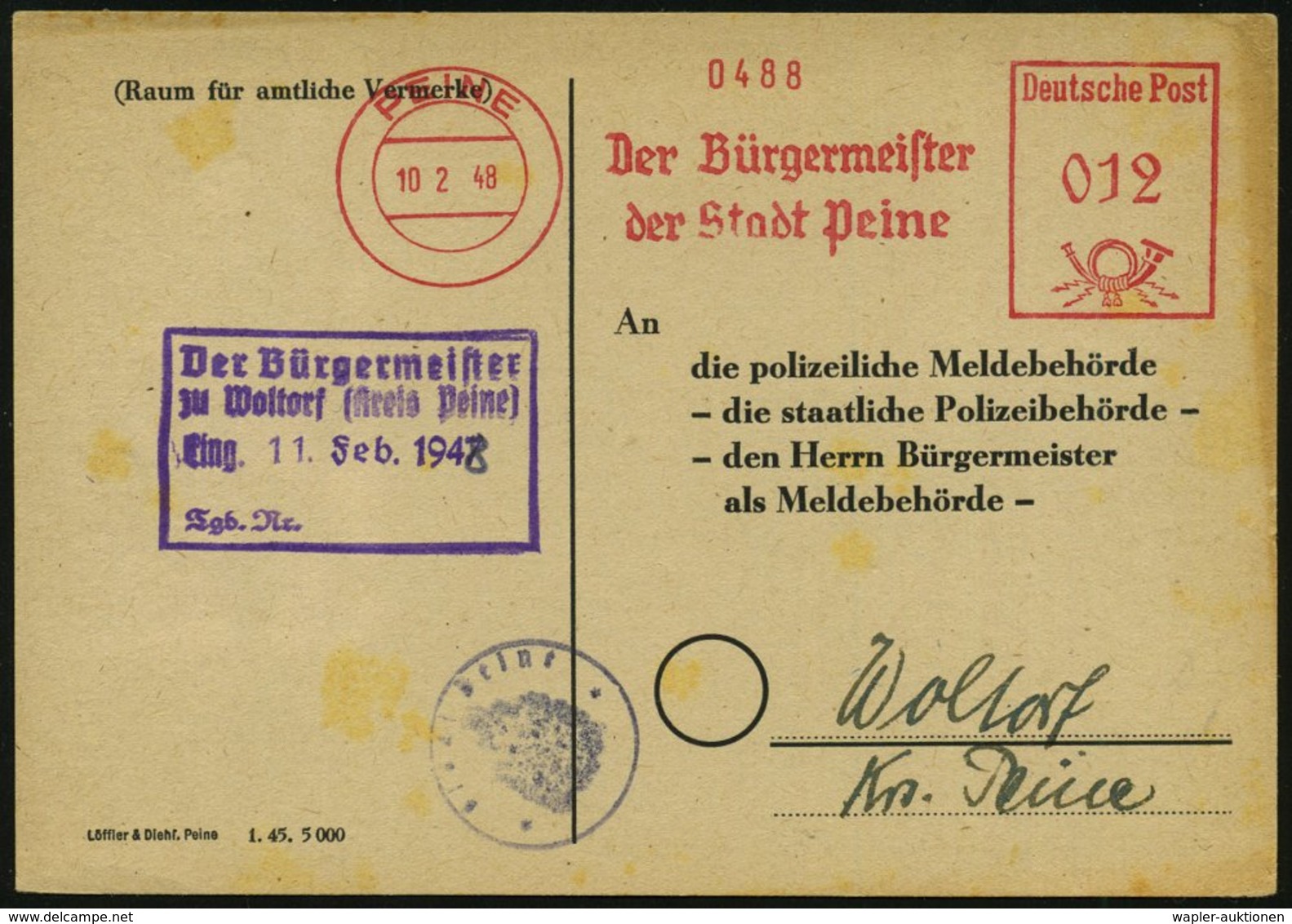 1948 (10.2.) PEINE, Absender-Freistempel: Der Bürgermeister.. Auf Nachrichten-Austauschkarte Der Polizeilichen Meldebhör - Sonstige & Ohne Zuordnung