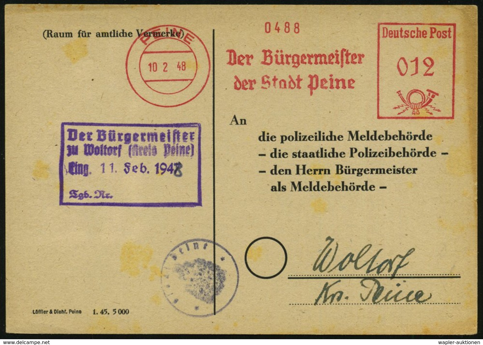 1948 (10.2.) PEINE, Absender-Freistempel: Der Bürgermeister.. Auf Nachrichten-Austauschkarte Der Polizeilichen Meldebhör - Other & Unclassified