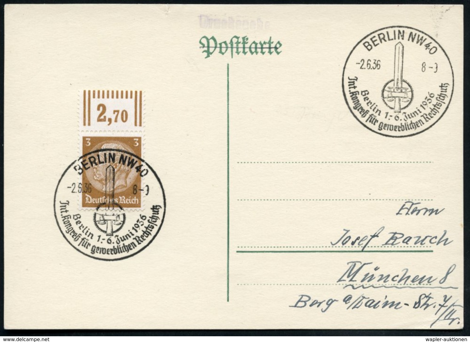 1936 (2.6.) BERLIN NW 40, Sonderstempel: Jnt. Kongreß Für Gewerblichen Rechtsschutz (Schwert U. Waage) Inl.-Karte (Bo.18 - Other & Unclassified