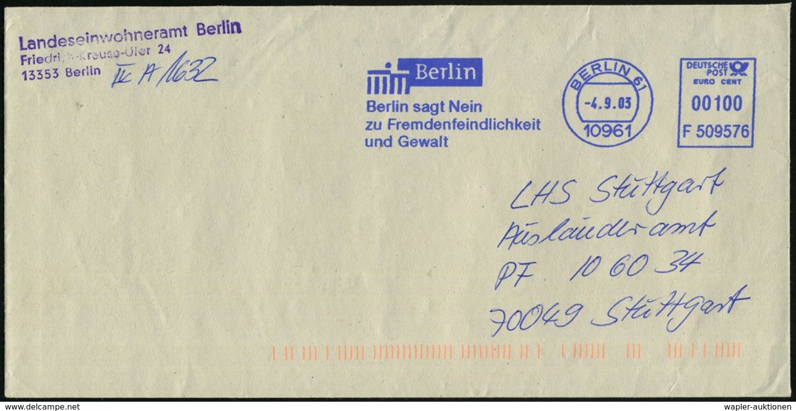 2003 (4.9.) 10961 BERLIN, Blauer Absender-Freistempel: Berlin Sagt Nein Zu Fremdenfeindlichkeit U. Gewalt, Kommunalbrief - Other & Unclassified