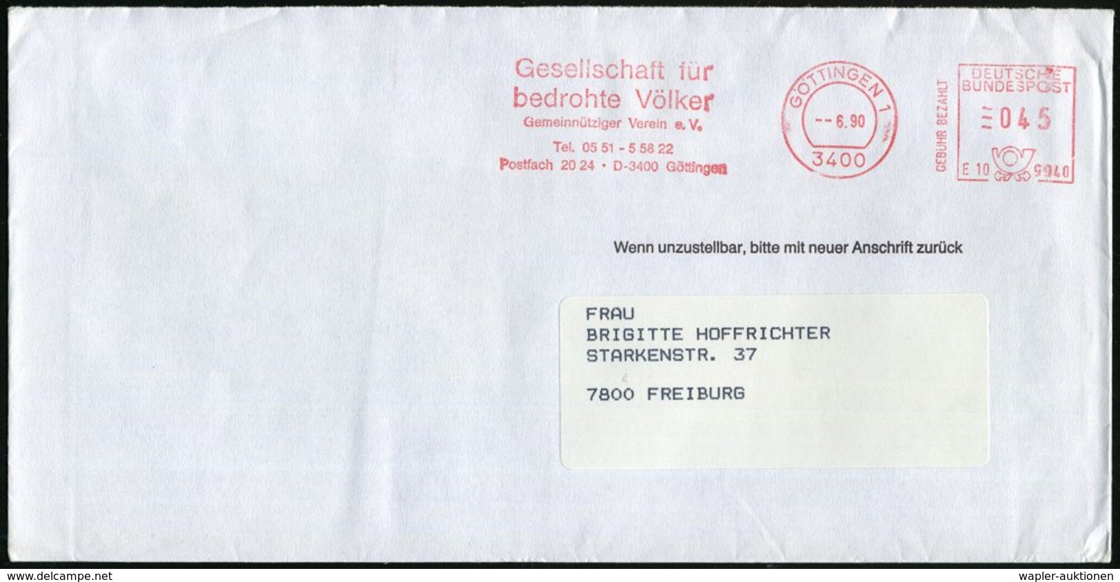 1990 (Juni) 3400 GÖTTINGEN 1, Absender-Freistempel: Gesellschaft Für Bedrohte Völker.. E.V., Fernbrief - Justiz & Gesetz - Other & Unclassified