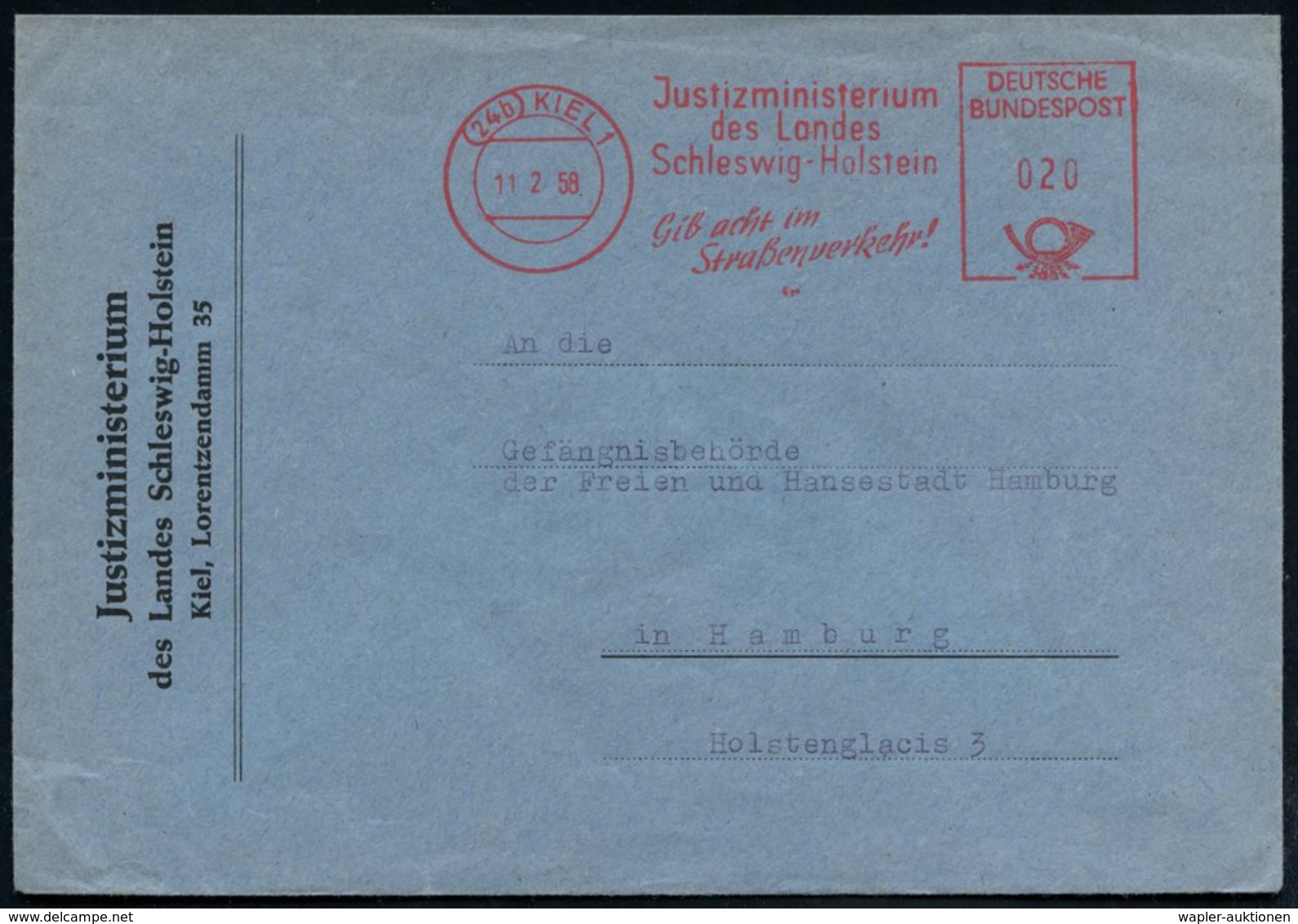 1958 (11.2.) (24 B) KIEL 1, Absender-Freistempel: Justizministerium Des Landes Schleswig-Holstein, Gib Acht Im Straßenve - Other & Unclassified