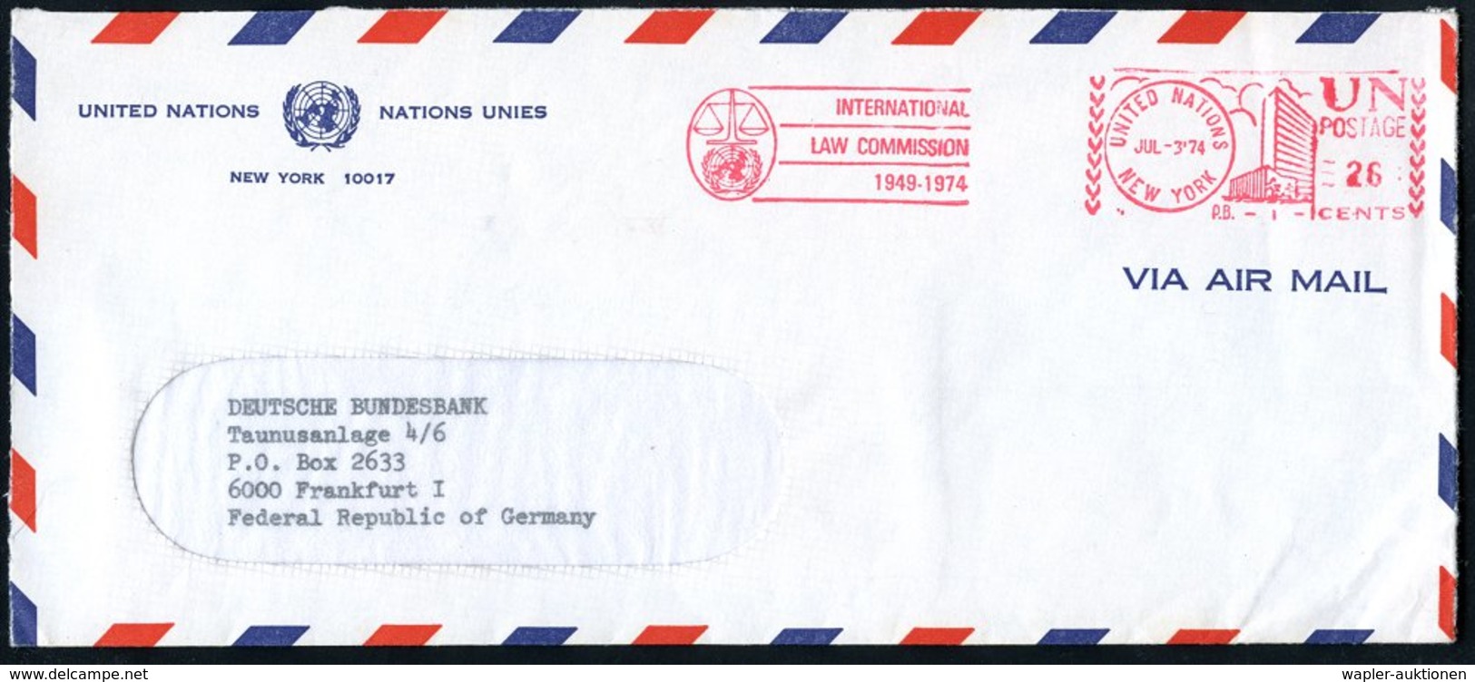 1974 UNO, Jubiläums-Absender-Freistempel: UNITED NATIONS, NEW YORK: INTERNATIONAL LAW COMMISSION 1949-1974 (Waage, UNO-L - Other & Unclassified