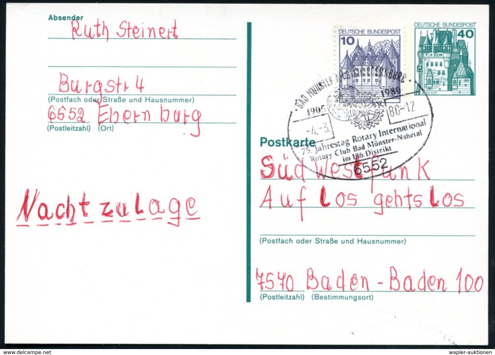 1980 (4.3.) 6552 BAD MÜNSTER AM STEIN EBERNBURG, Sonderstempel: 75 Jahrestag Rotary International, Rotary Club Bad Münst - Other & Unclassified