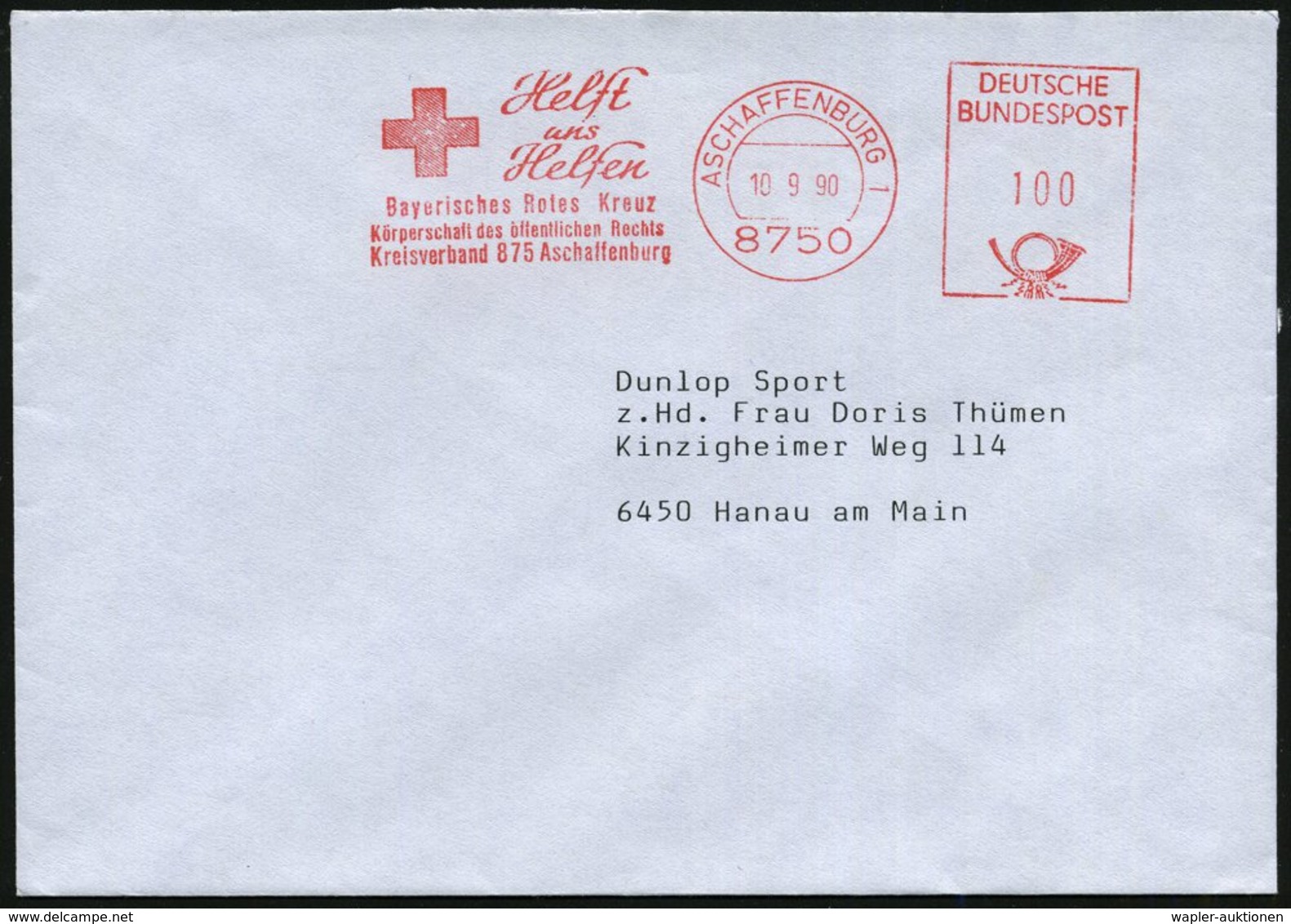 1990 (10.9.) 8750 ASCHAFFENBURG 1, Absender-Freistempel: Helft Uns Helfen, Bayerisches Rotes Kreuz.., Fernbrief - Rotes  - Sonstige & Ohne Zuordnung