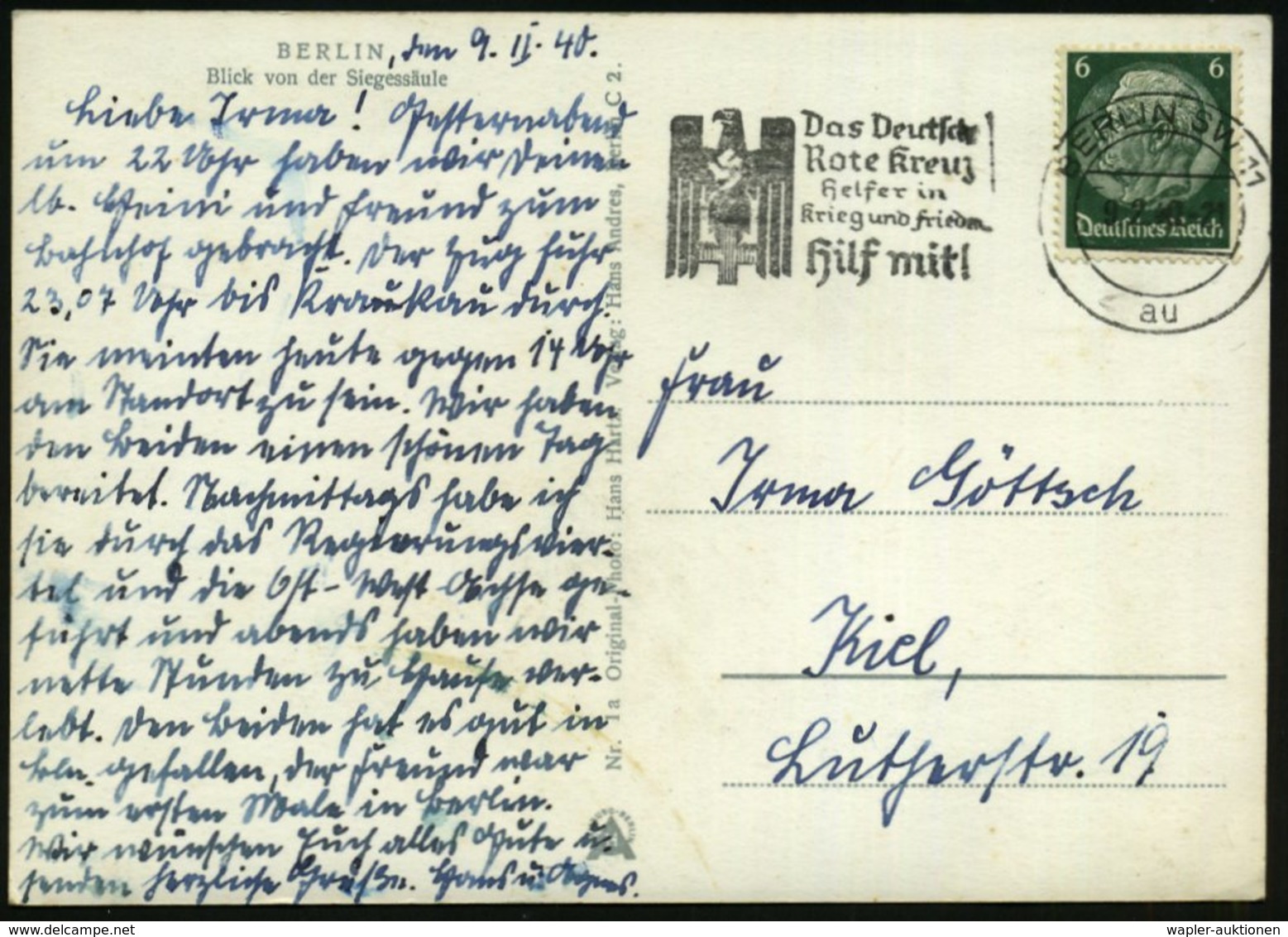 1940 (9.2.) BERLIN SW 11, Maschinen-Werbestempel: Das Deutsche Rote Kreuz, Helfer In Krieg U. Frieden.. (NS-Rotkreuz-Adl - Altri & Non Classificati
