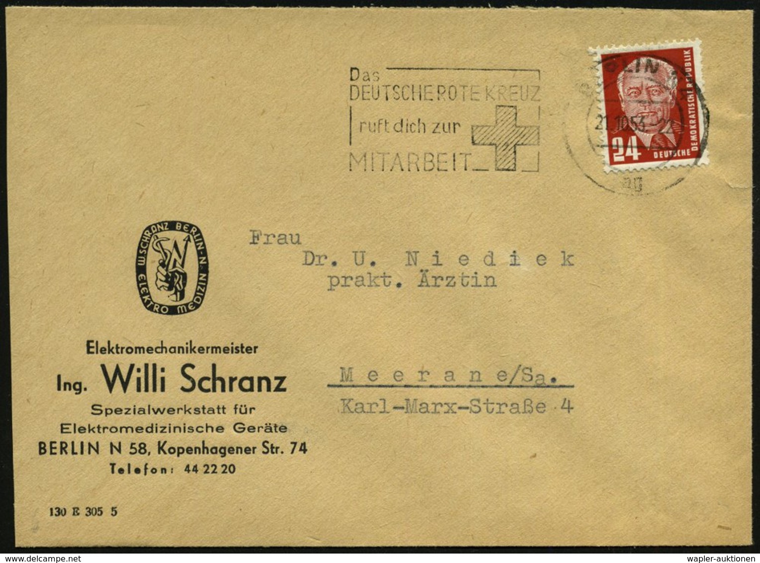 1953 (21.10.) BERLIN N 4, Maschinen-Werbestempel: Das DEUTSCHE ROTE KREUZ Ruft Dich.. (Kreuz) Firmenbrief (gering Verkür - Other & Unclassified