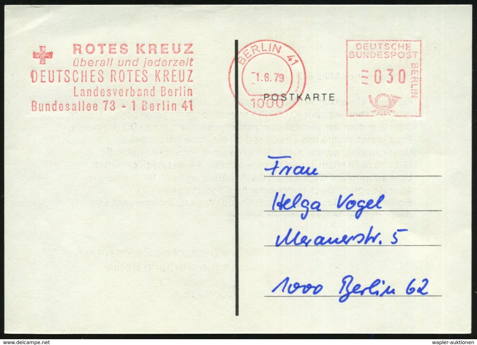 1979 (1.6.) 1000 BERLIN 41, Absender-Freistempel: ROTES KREUZ überall U. Jederzeit, DRK Landesverband Berlin.. (Kreuz) O - Other & Unclassified