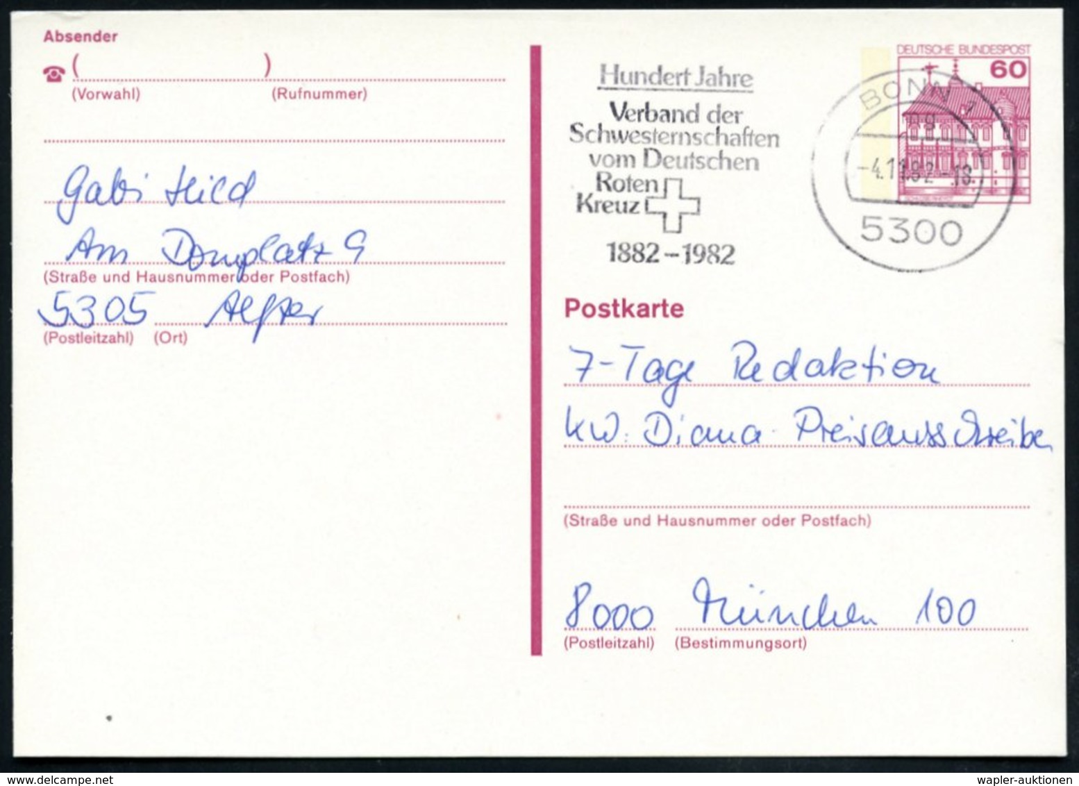 1982 (4.1.) 5300 BONN 1, Maschinen-Werbestempel: Hundert Jahre Verband Der Schwesternschaft Vom Deutschen Roten Kreuz (K - Other & Unclassified