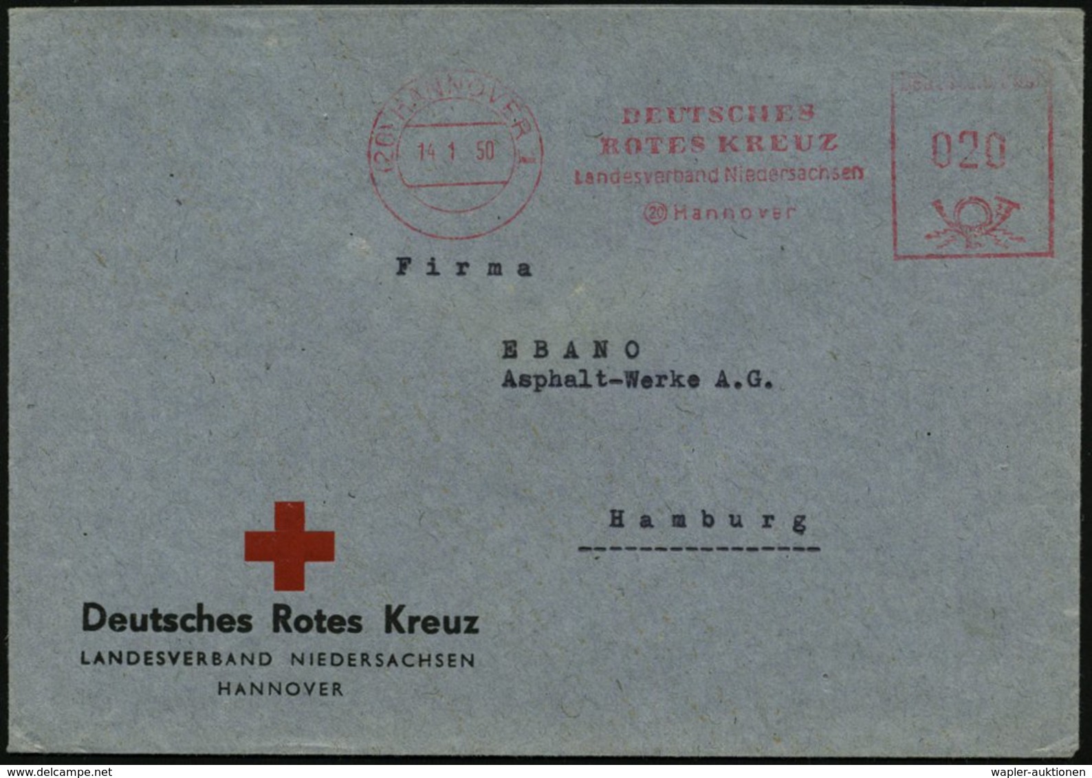 1950 (14.1.) (20) HANNOVER 1, Absender-Freistempel: DEUTSCHES ROTES KREUZ, Landesverband Niedersachsen.. (Kreuz) Zweifar - Other & Unclassified