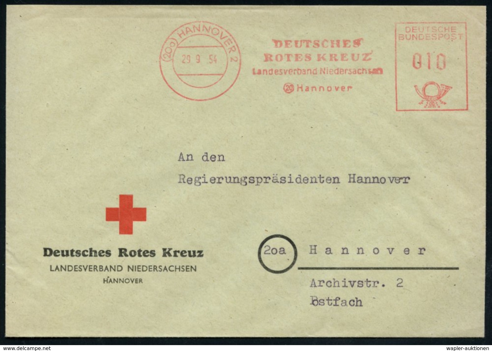 1954 (29.9.) (20 A) HANNOVER 2, Absender-Freistempel: DEUTSCHES ROTES KREUZ, Landesverband Niedersachsen.. (Kreuz) Zweif - Other & Unclassified