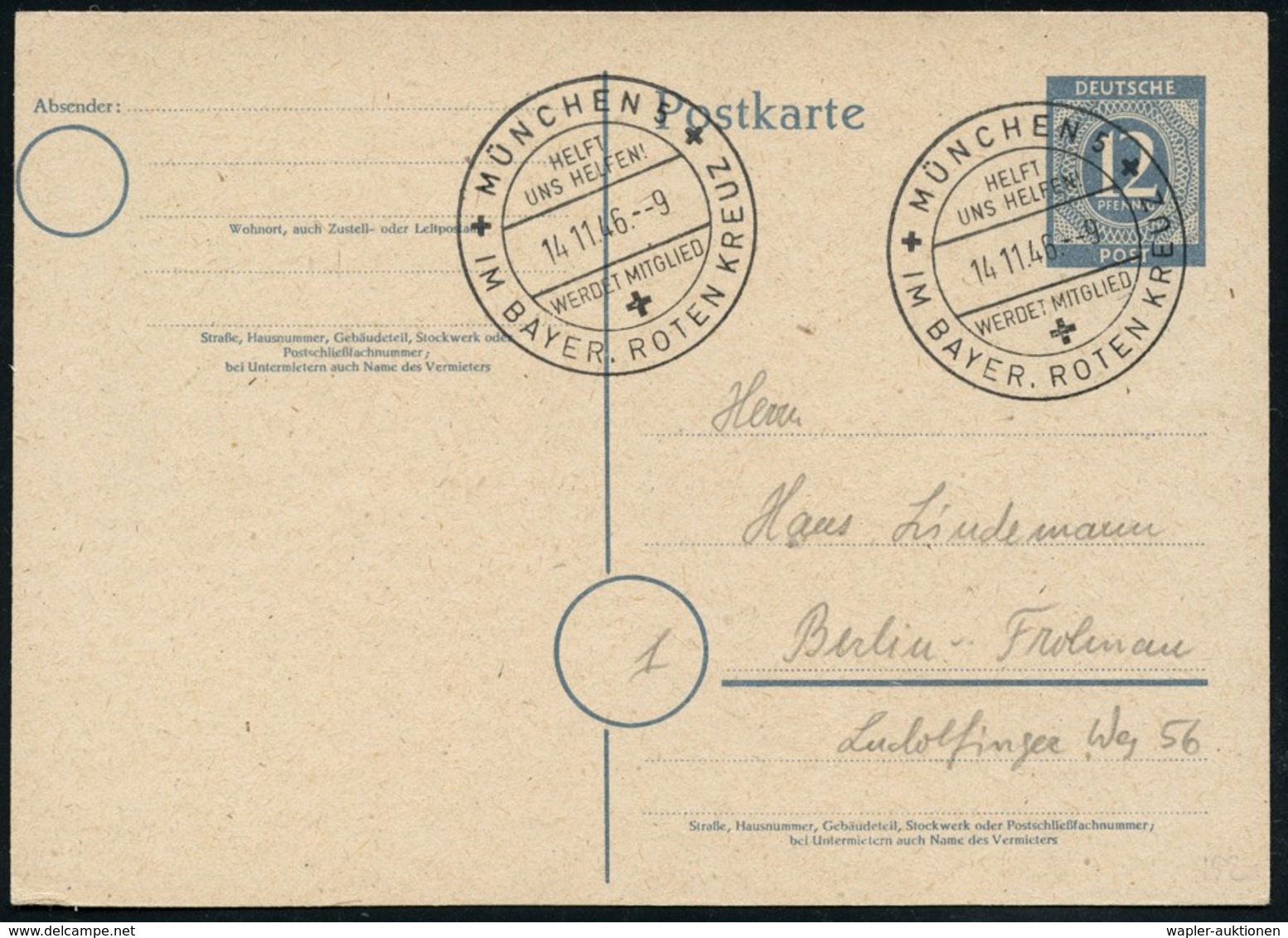 1946 (14.11.) MÜNCHEN 5, HELFT UNS HELFEN!, WERDET MITGLIED IM BAYER. ROTEN KREUZ (3 Kreuze) Inl.-Karte (Bo.192 III = Mü - Other & Unclassified