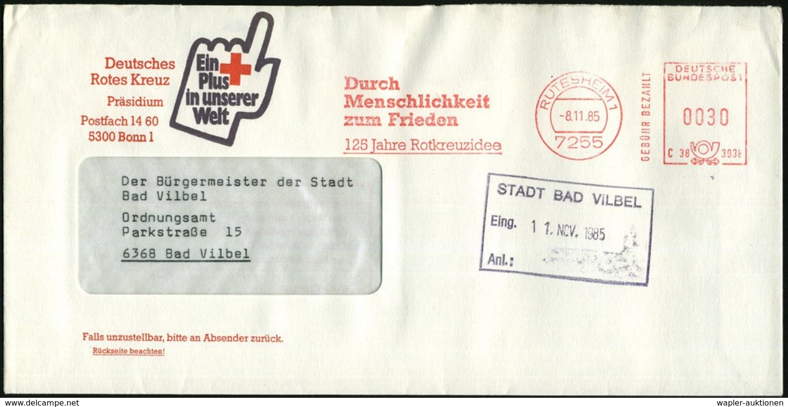 1985 (8.11.) 7255 RUTESHEIM 1, Absender-Freistempel: Durch Menschlichkeit Zum Frieden, 125 Jahre Rotkreuzgedanke Auf Rek - Other & Unclassified