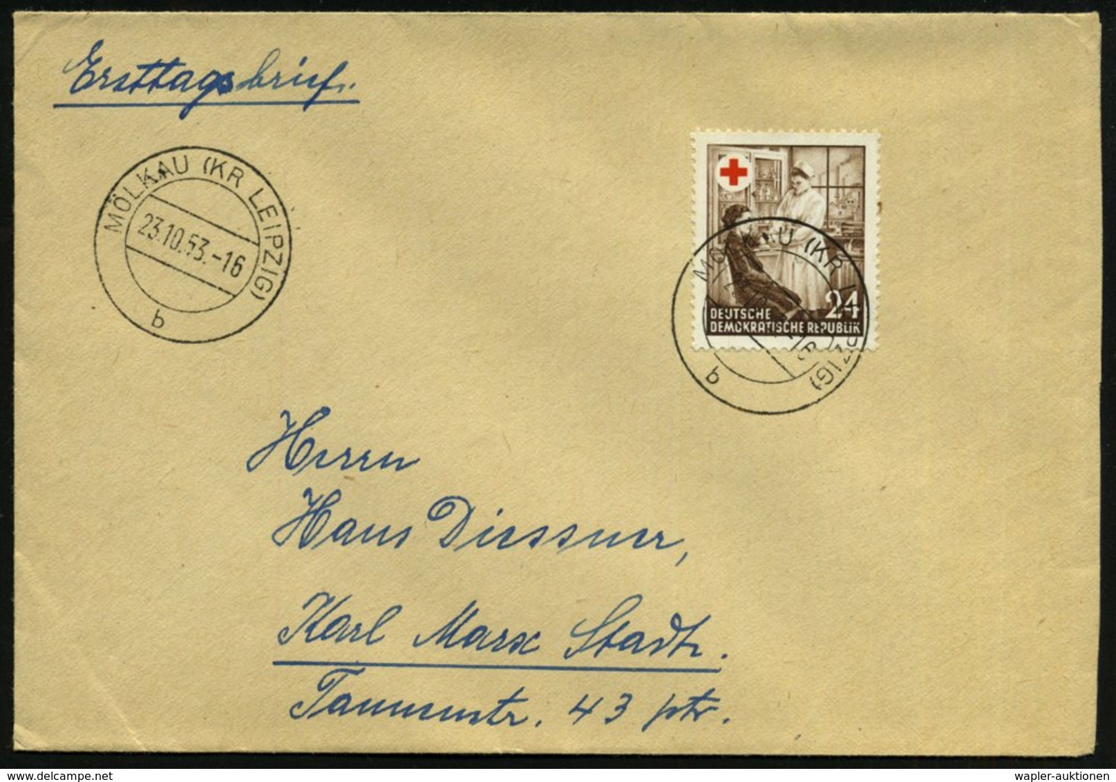 1953 (23.10.) D.D.R., 24 Pf. "1 Jahr Rotes Kreuz Der DDR", EF = Rotkreuzschwester, Klar Gest. (MÖLKAU) Bedarfs-FDC (Mi.3 - Other & Unclassified