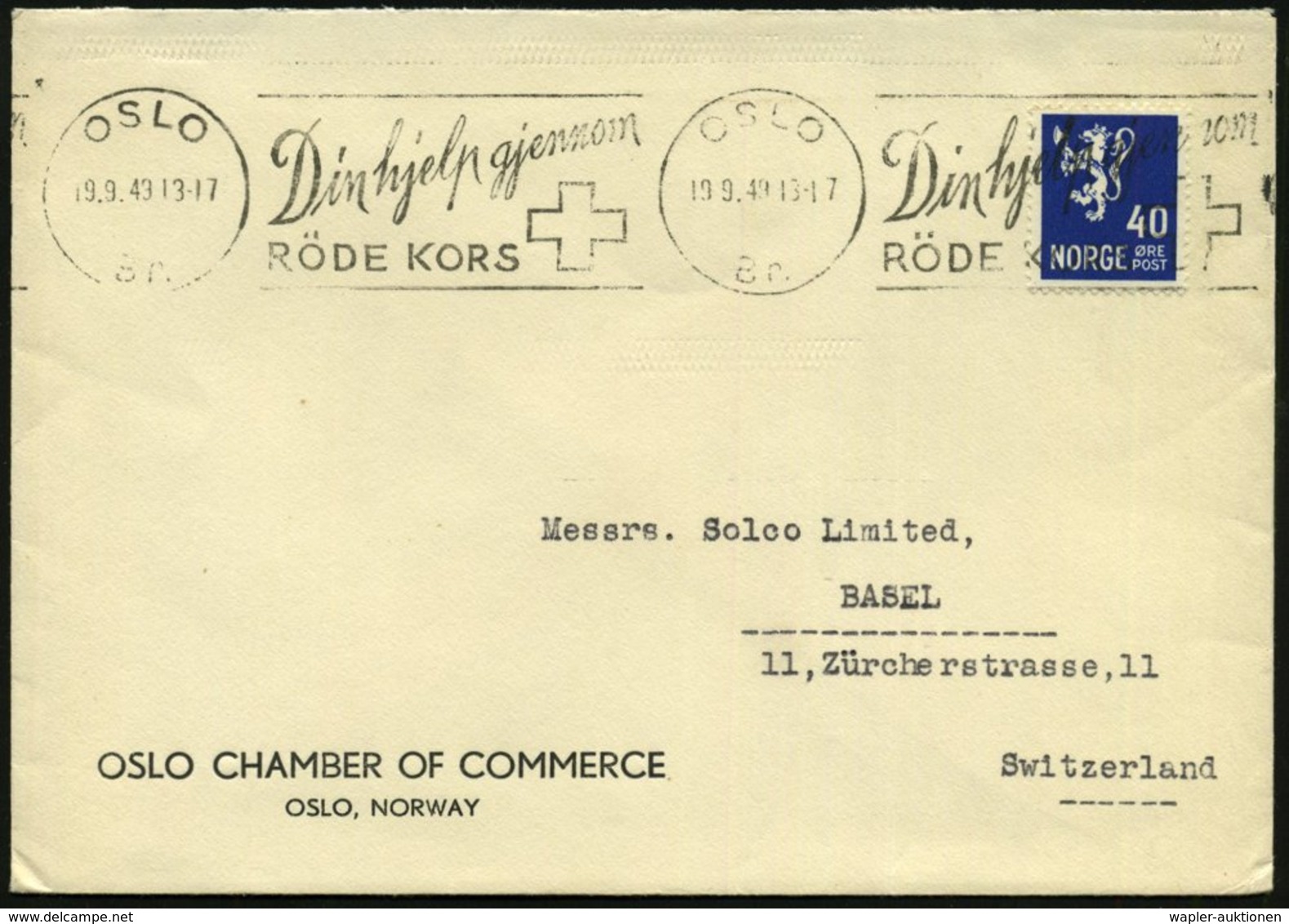 1949 (19.9.) NORWEGEN, Band-Maschinen-Werbestempel: OSLO, Din Hjelp Gjennom RÖDE KORS (Kreuz) Ausl.-Dienstbrief: OSLO CH - Other & Unclassified