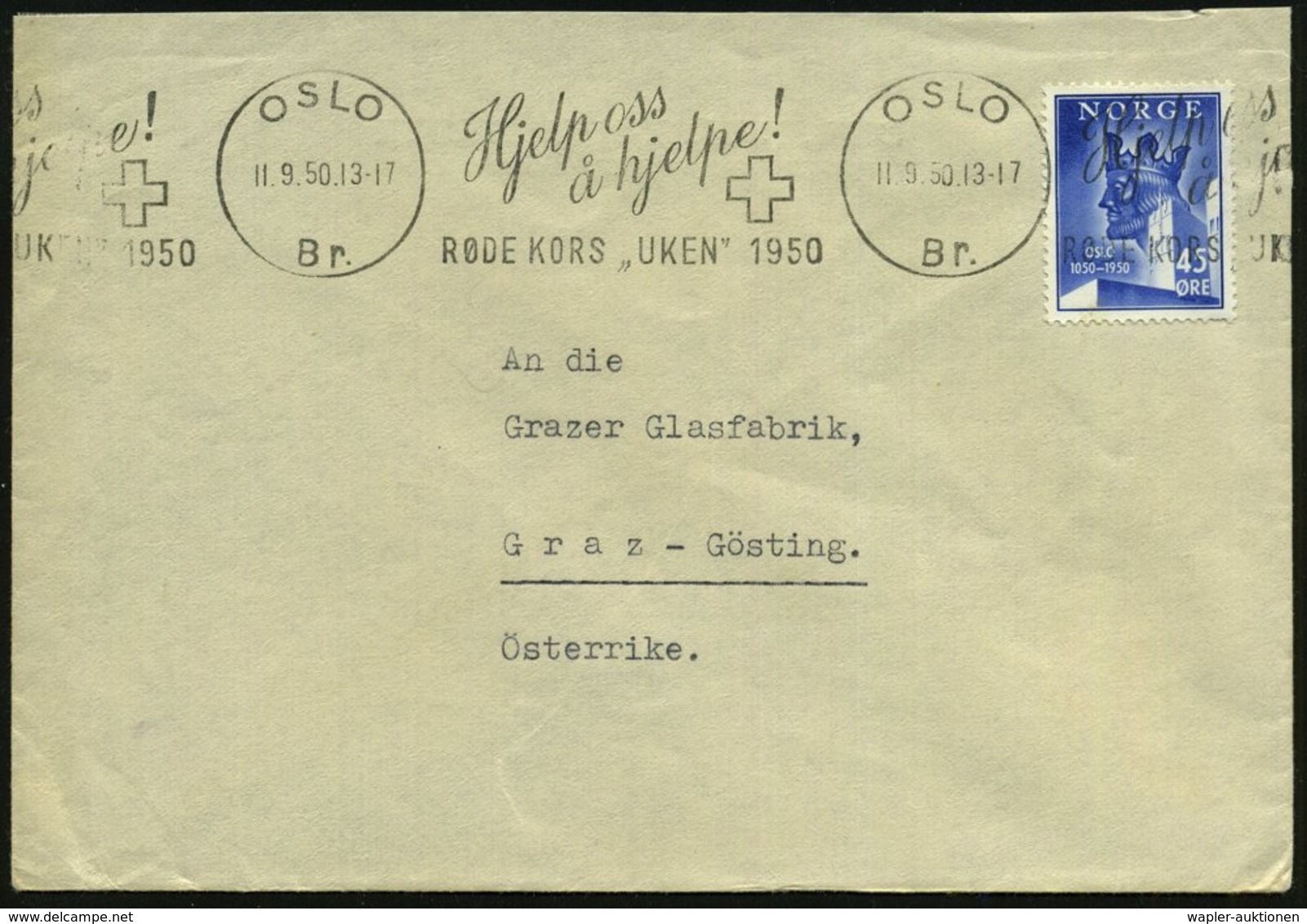 1950 (11.9.) NORWEGEN, Band-Maschinen-Werbestempel: OSLO, Hjelp Oss A Hjelpe RÖDE KORS "UKEN" 1950 (Kreuz) Ausl.-Brief - - Other & Unclassified