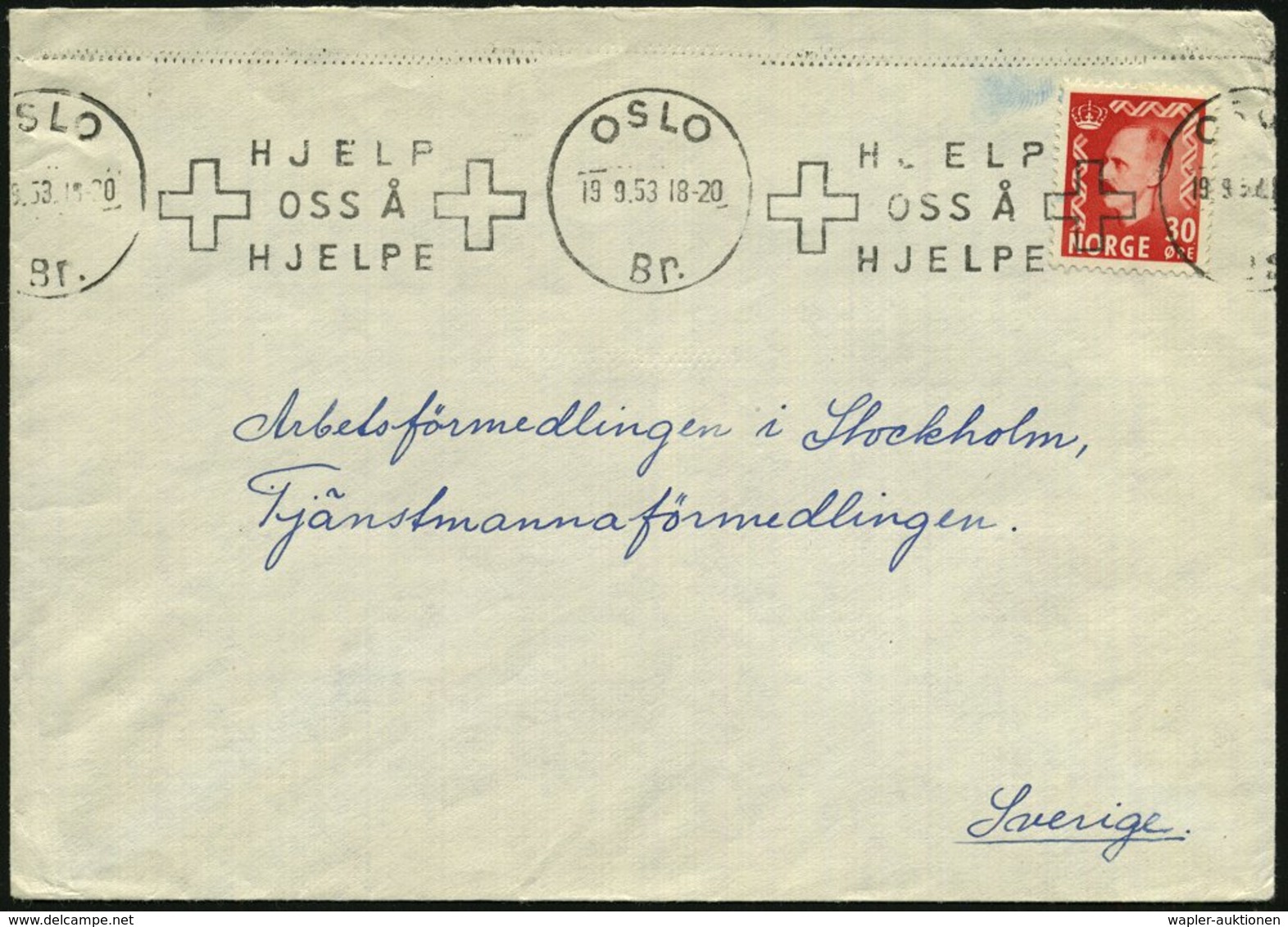 1953 (19.9.) NORWEGEN, Band-Maschinen-Werbestempel: OSLO, HJELP OSS A HJELPE (Kreuz) Ausl.-Brief - Rotes Kreuz / Red Cro - Other & Unclassified