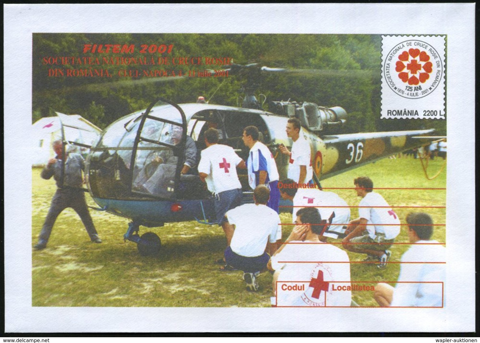2001 RUMÄNIEN, 2200 L. Sonder-Ganzsachen-Umschlag: 125 Jahre Rumän. Rotes Kreuz (FILTEM 2001) = Rotkreuz-Rettungshelikop - Sonstige & Ohne Zuordnung