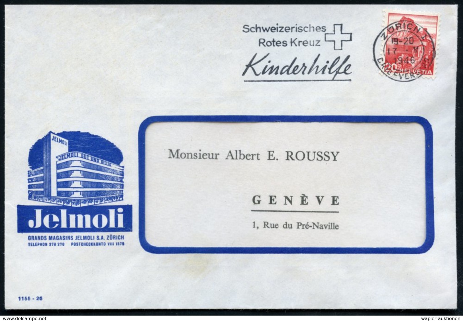 1946 SCHWEIZ, Maschinen-Werbestempel: ZÜRICH 1, Schweizer. Rotes Kreuz Kinderhilfe (Kreuz) Rs. Fehlt Klappe, Firmenbrief - Other & Unclassified